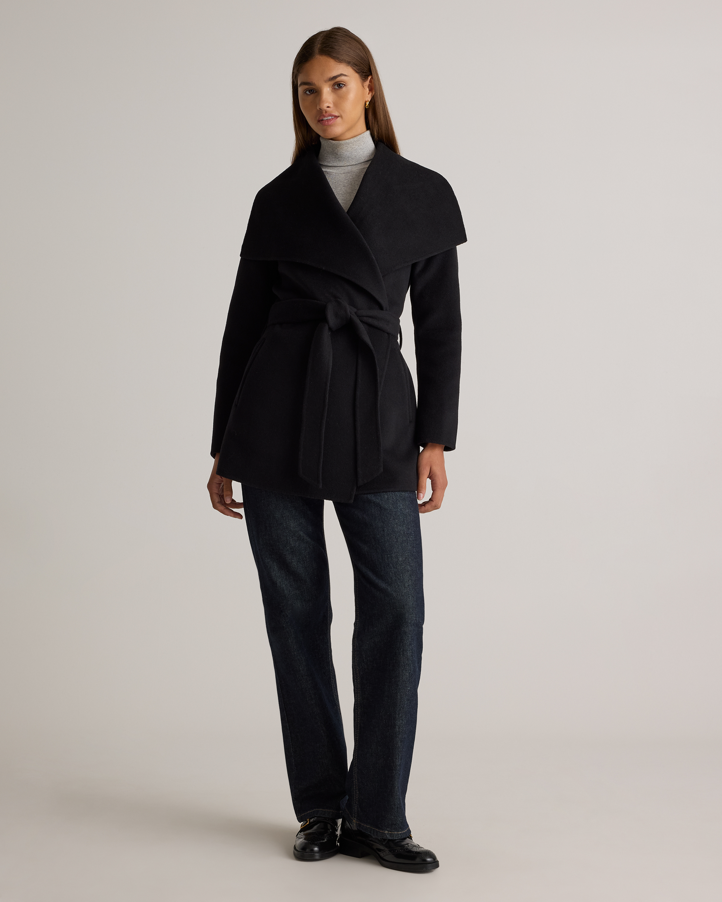 Double-Faced Merino Wool Draped Collar Short Wrap Coat