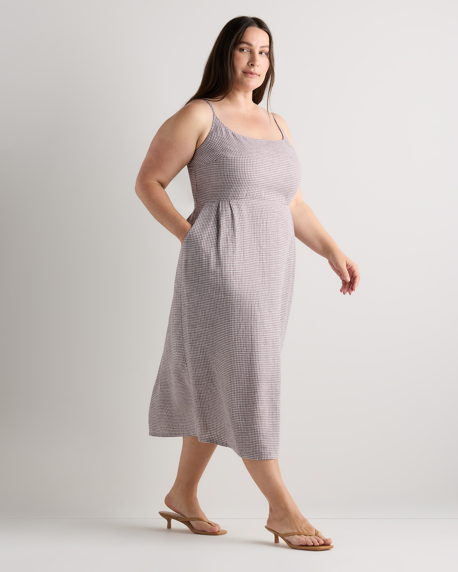linen scoop neck midi dress Women's 100% European Linen Scoop Neck Midi Dress in Taupe Brown Gingham, Size 2X by Quince