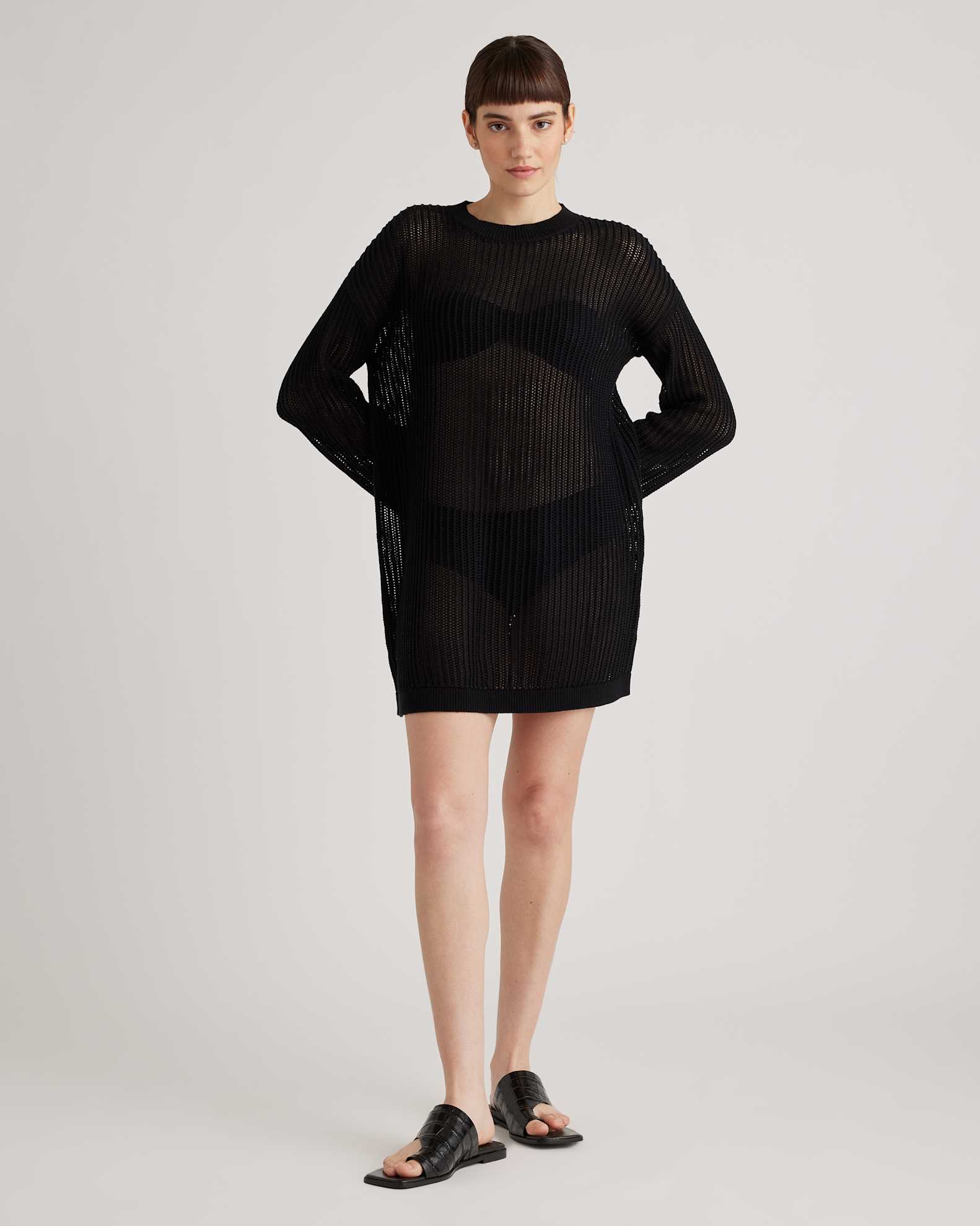 100% Organic Cotton Open-Knit Long Sleeve Cover-Up Mini Dress in Black 100% Organic Cotton Open-Knit Long Sleeve Cover-Up Mini Dress in Black