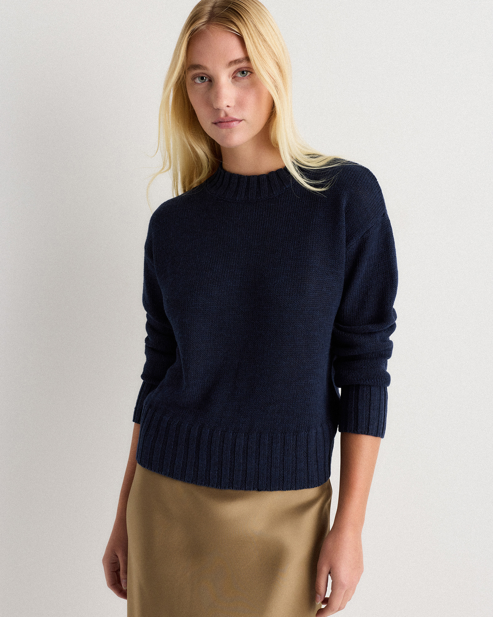 Deep Navy Cotton Linen Relaxed Crew Sweater