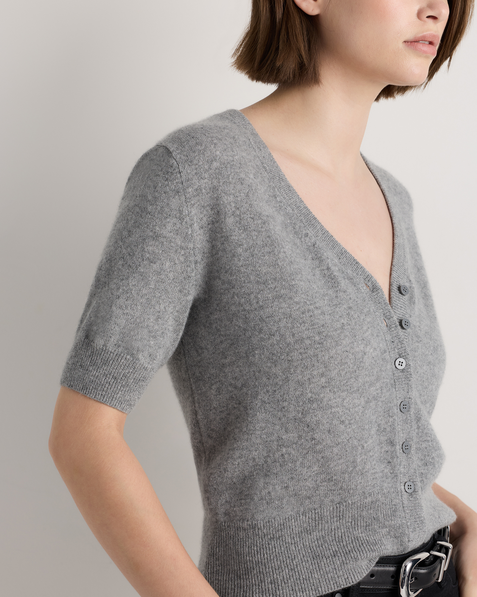 Mongolian Cashmere Short Sleeve Cardigan in Heather Grey