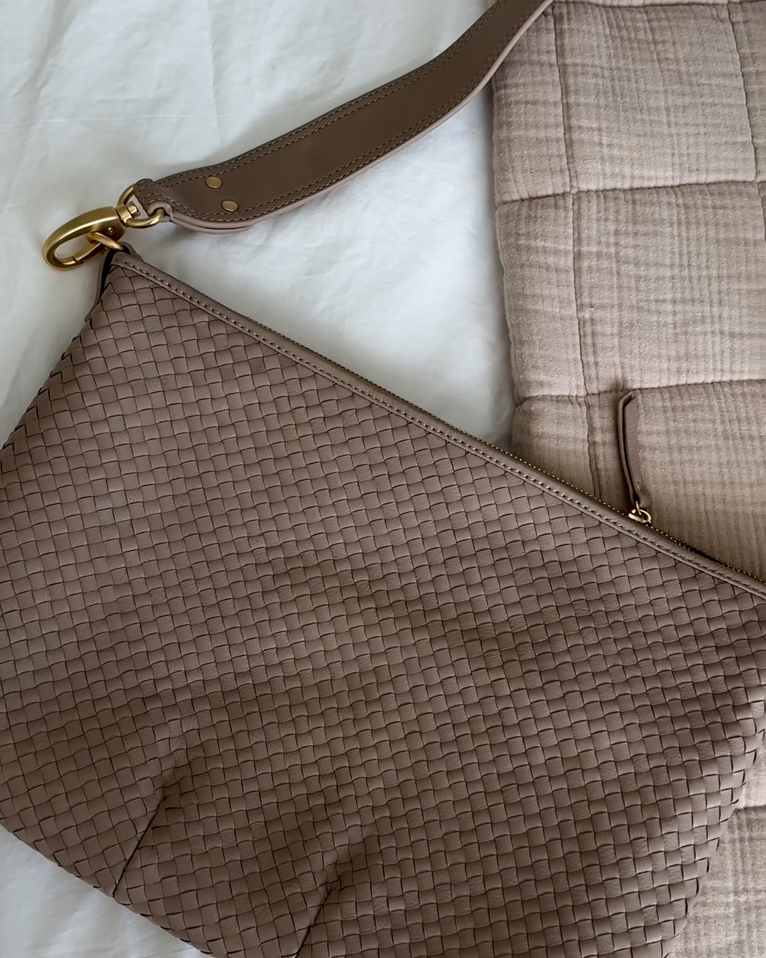 Italian Leather Convertible Crescent Handwoven Shoulder Bag - PDP Video Thumbnail (Taupe, 4x5)