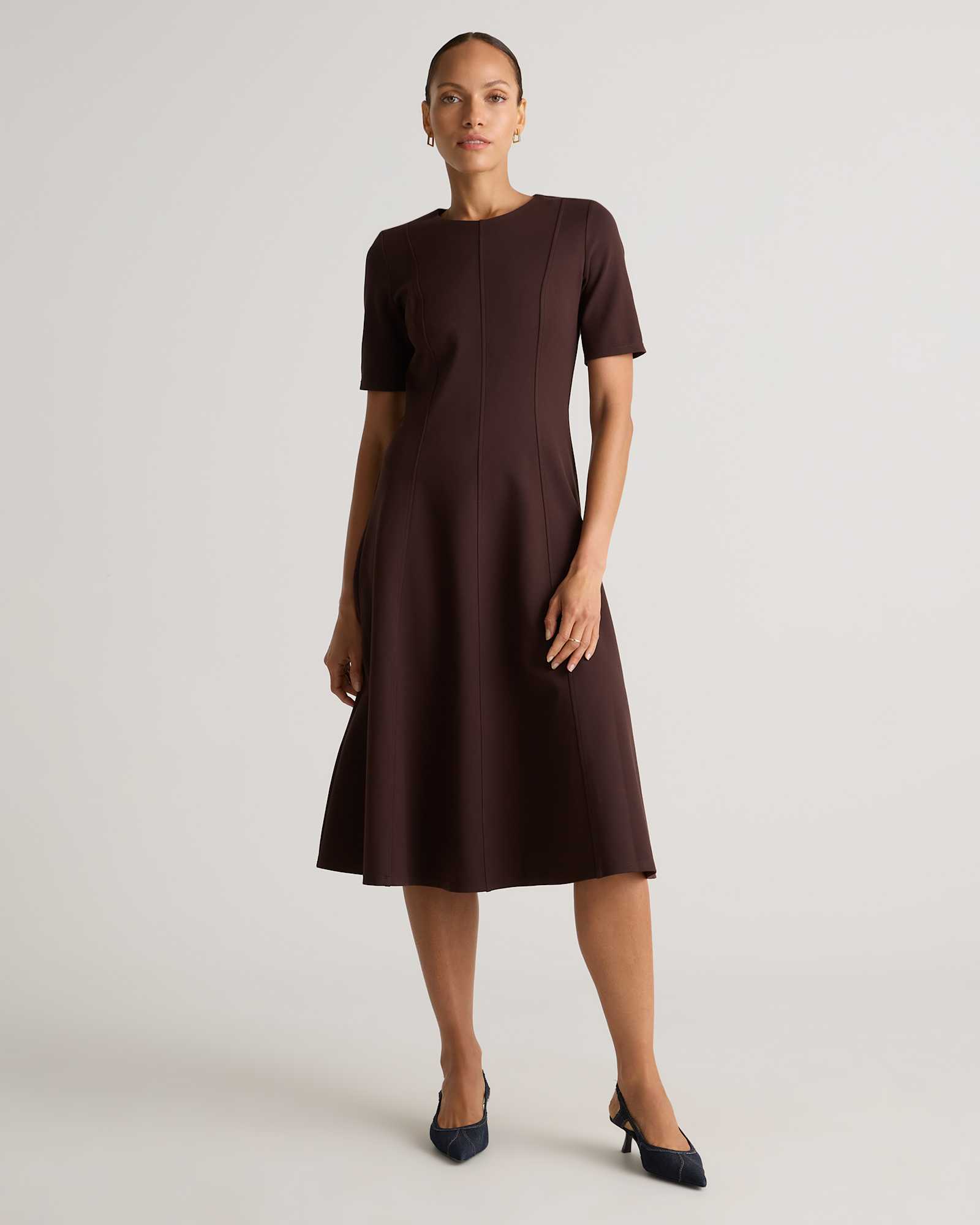 Quince Women's Ultra-Stretch Ponte Short Sleeve Midi Dress, Espresso, Size XS, Rayon - Versatile for Office to Evening Wear Quince Women's Ultra-Stretch Ponte Short Sleeve Midi Dress, Espresso, Size XS, Rayon - Versatile for Office to Evening Wear