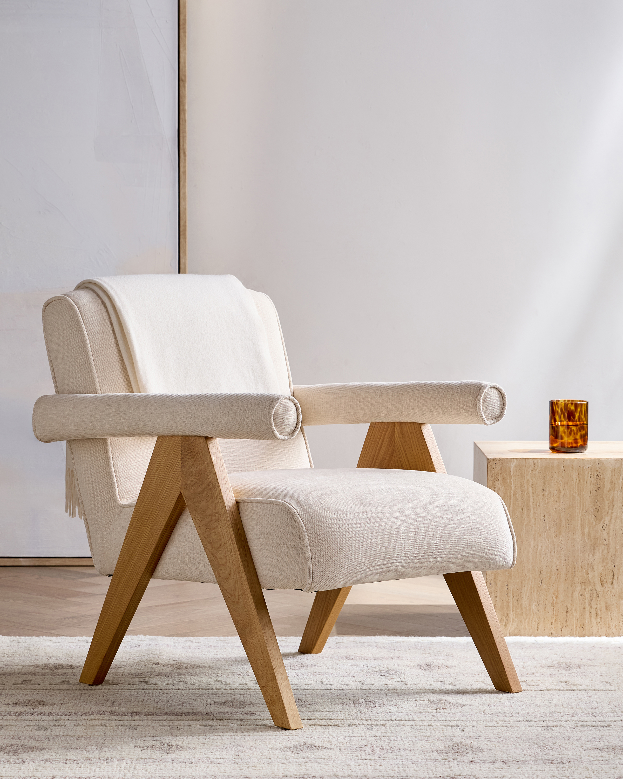 Solid Wood and Performance Linen V-Leg Chair - thumbnail 2