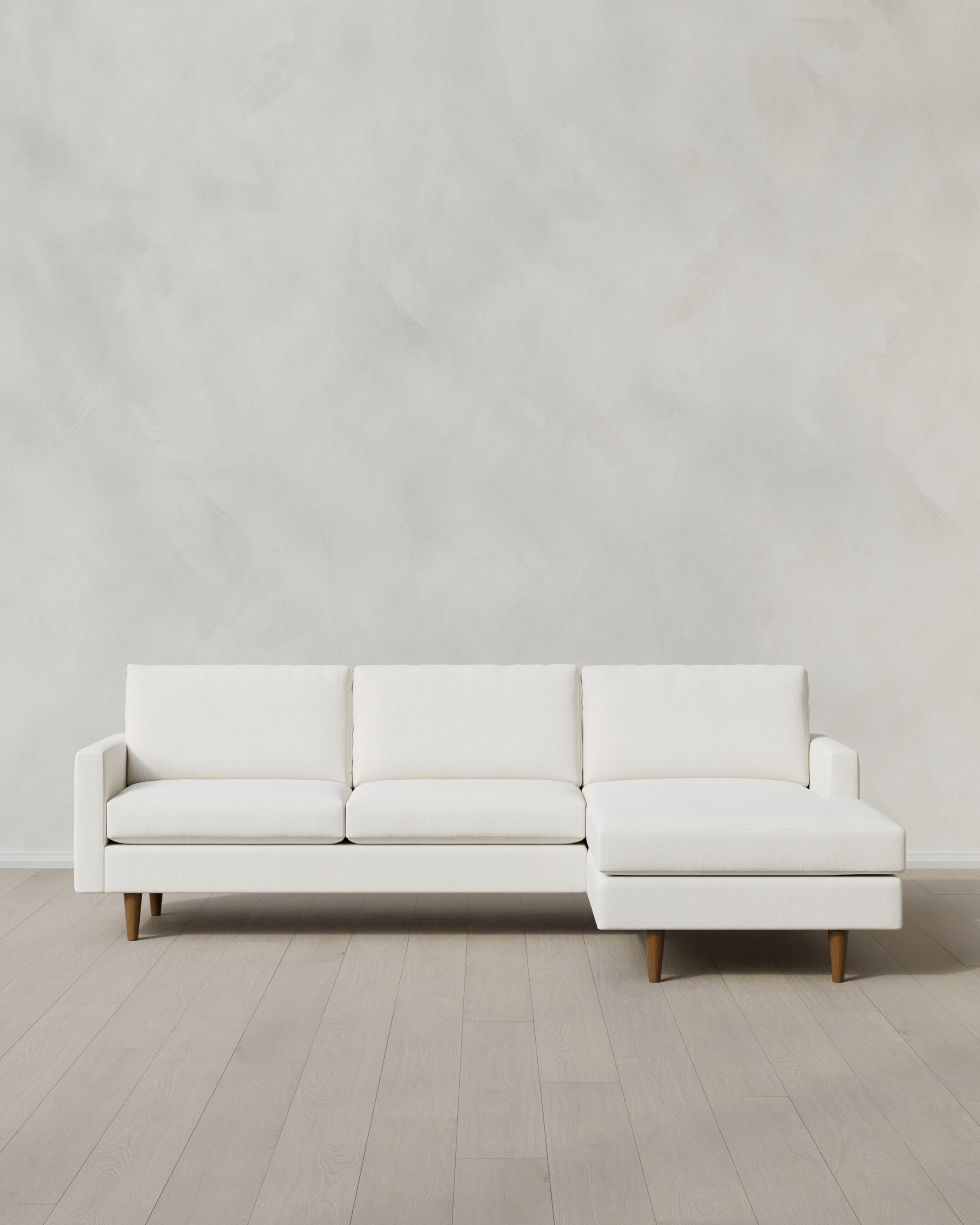 Marshmallow Atlas Midcentury Chaise Sectional in Performance Chenille Linen Blend