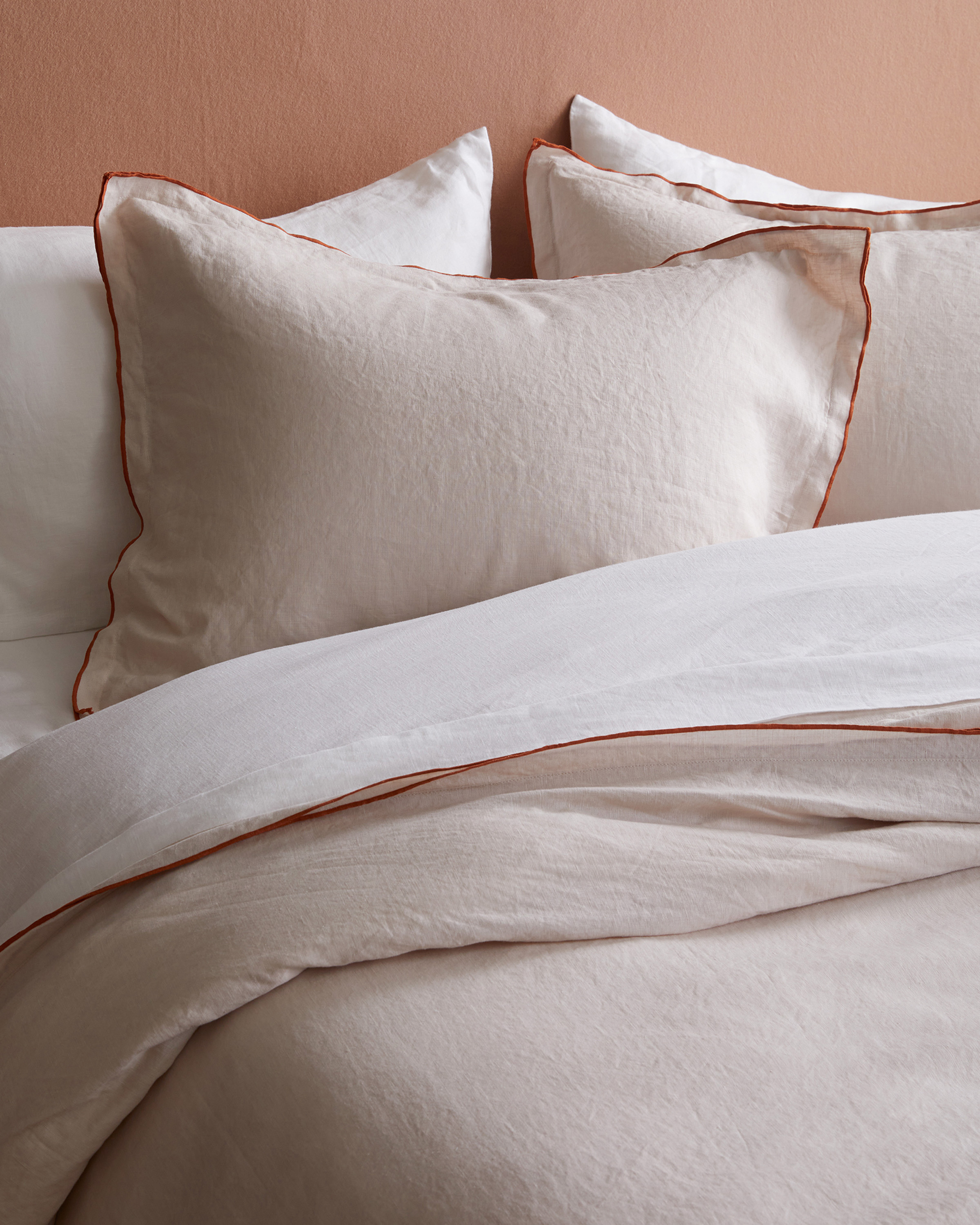 Sand with Terracotta Embroidery European Linen Double Embroidered Edge Sham Set