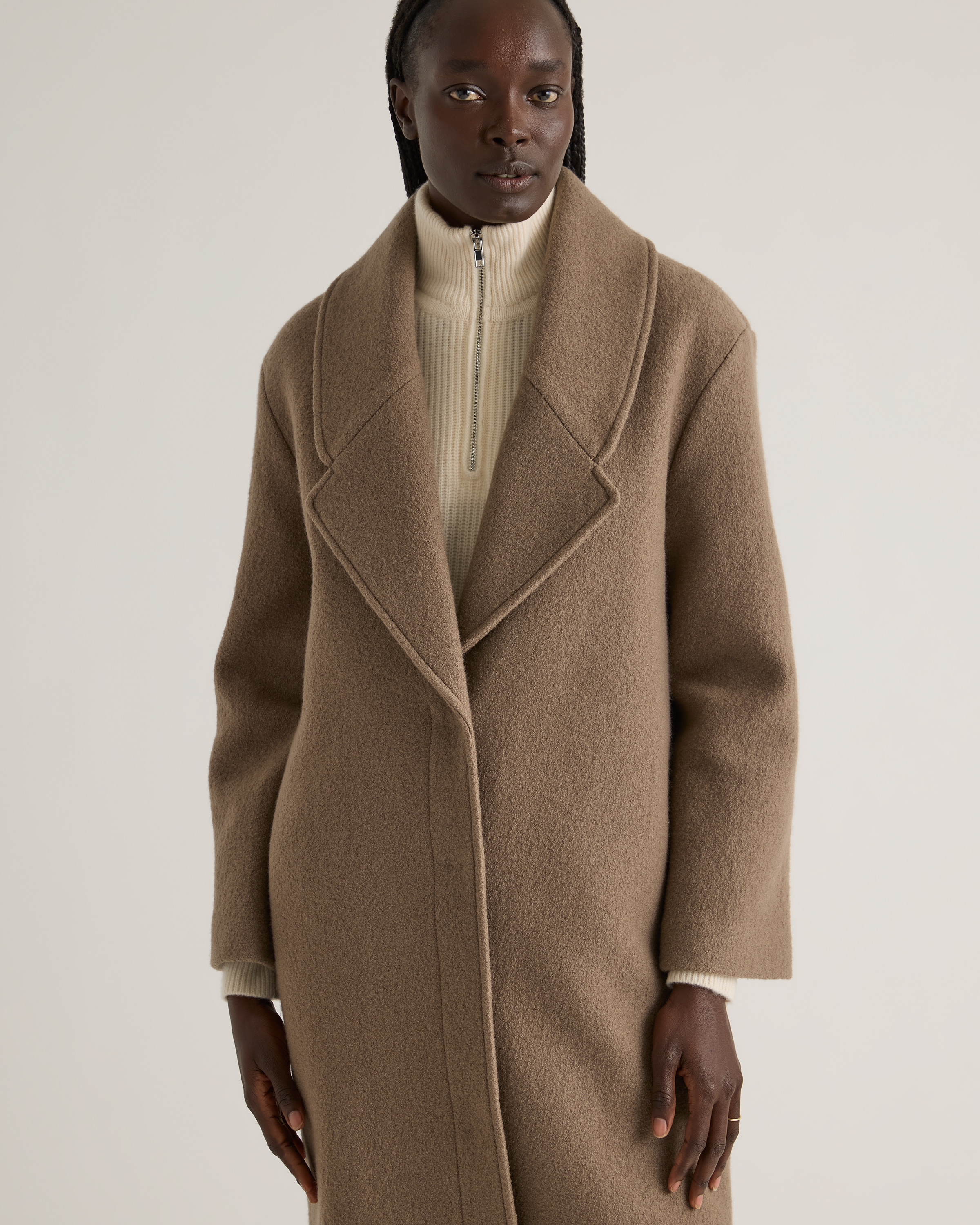 100% Merino Wool Shawl Collar Long Coat in Heather Elm 100% Merino Wool Shawl Collar Long Coat in Heather Elm