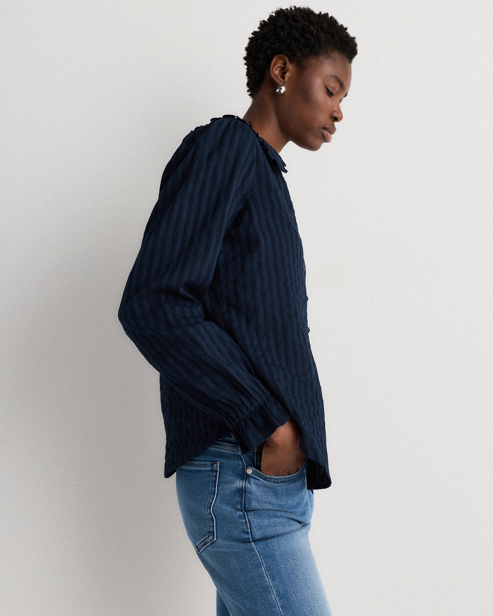 Women's Embroidered Cotton Ruffle Collar Long Sleeve Blouse in Solid Navy, Size XS, Organic Cotton by Quince