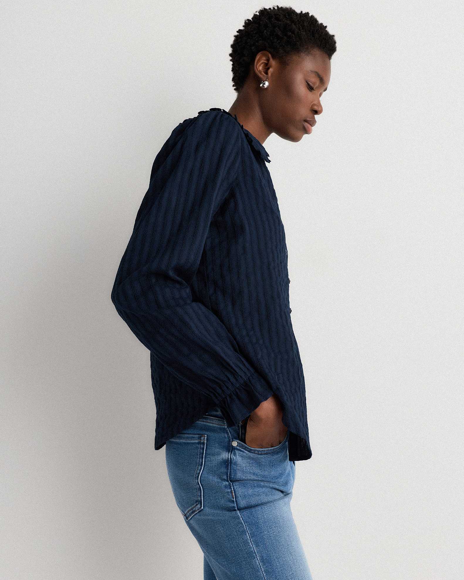 Women's Embroidered Cotton Ruffle Collar Long Sleeve Blouse in Solid Navy, Size XS, Organic Cotton by Quince Women's Embroidered Cotton Ruffle Collar Long Sleeve Blouse in Solid Navy, Size XS, Organic Cotton by Quince