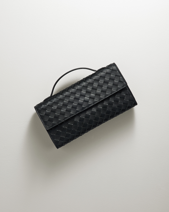 Black Italian Leather Handwoven Top Handle Clutch