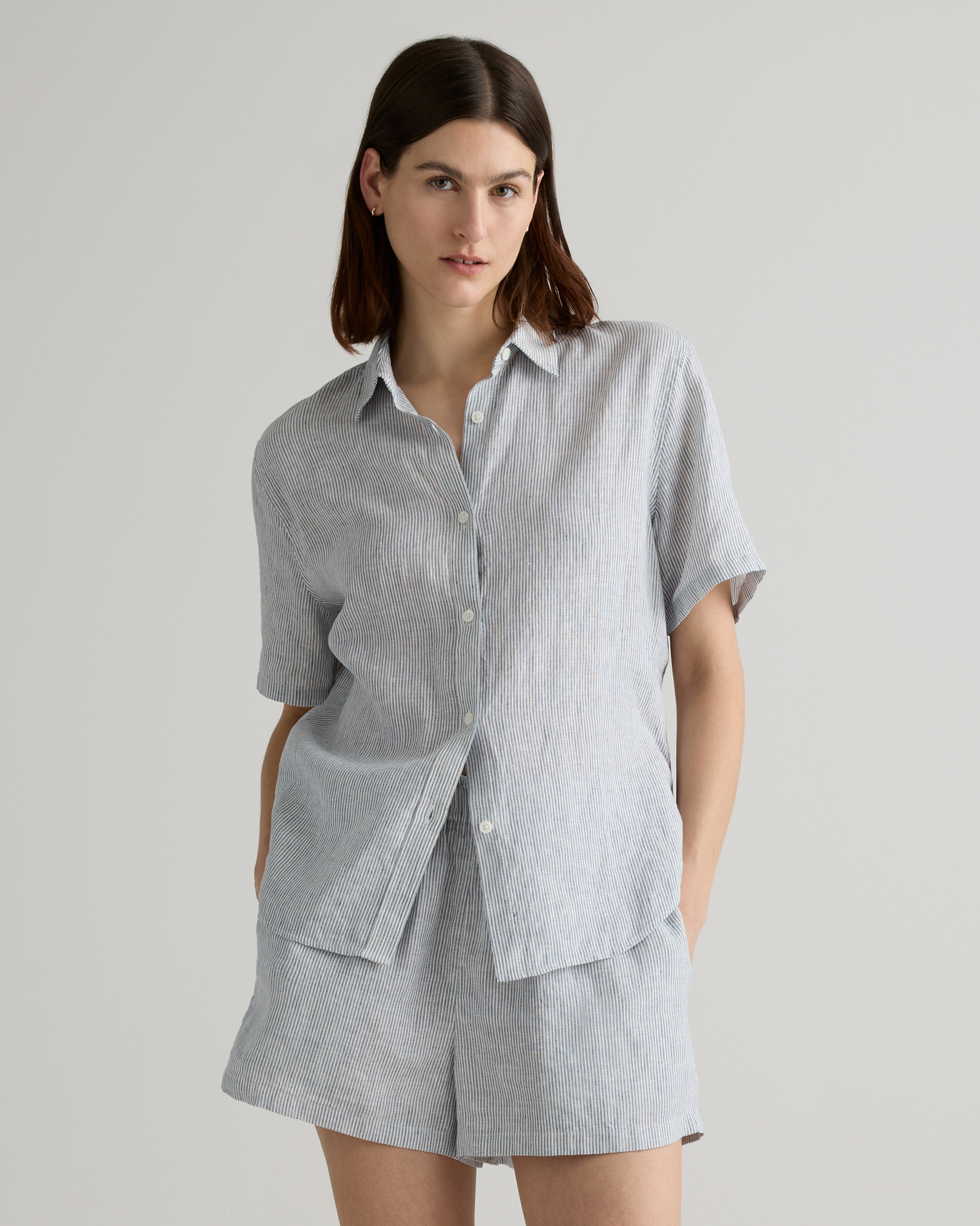 Blue Pinstripe 100% European Linen Shorts Pajama Set