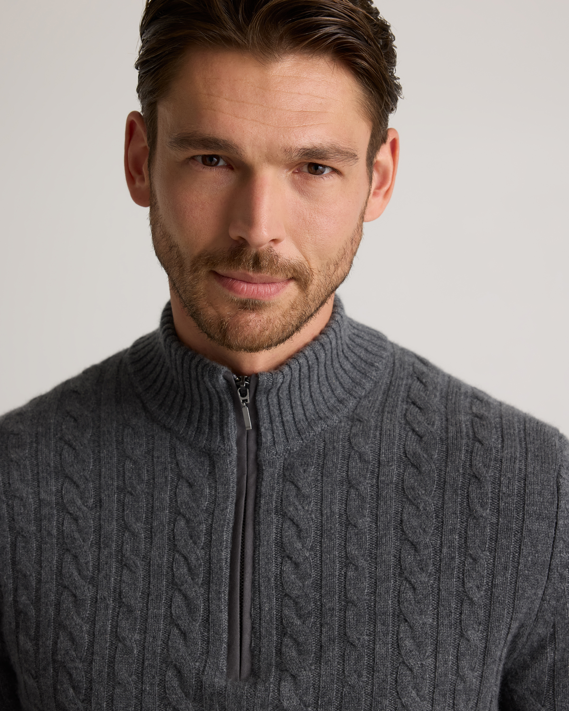 Luxe Baby Cashmere Cable Quarter Zip Sweater in Heather Pewter