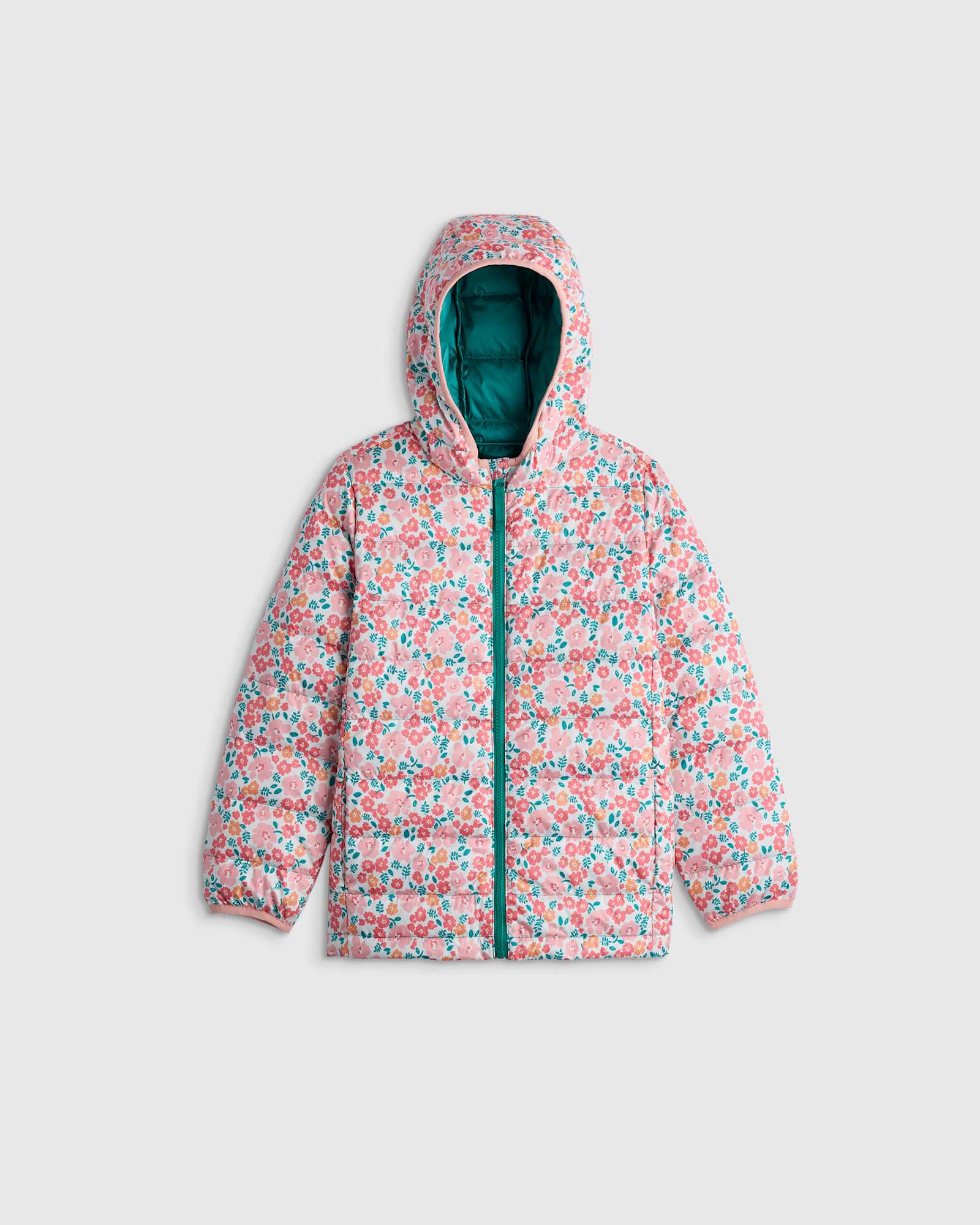 U--302 Toddler Lightweight Down Hooded Puffer Jacket - Kid Gender Neutral Pink-Green Floral 15578 CROPPED