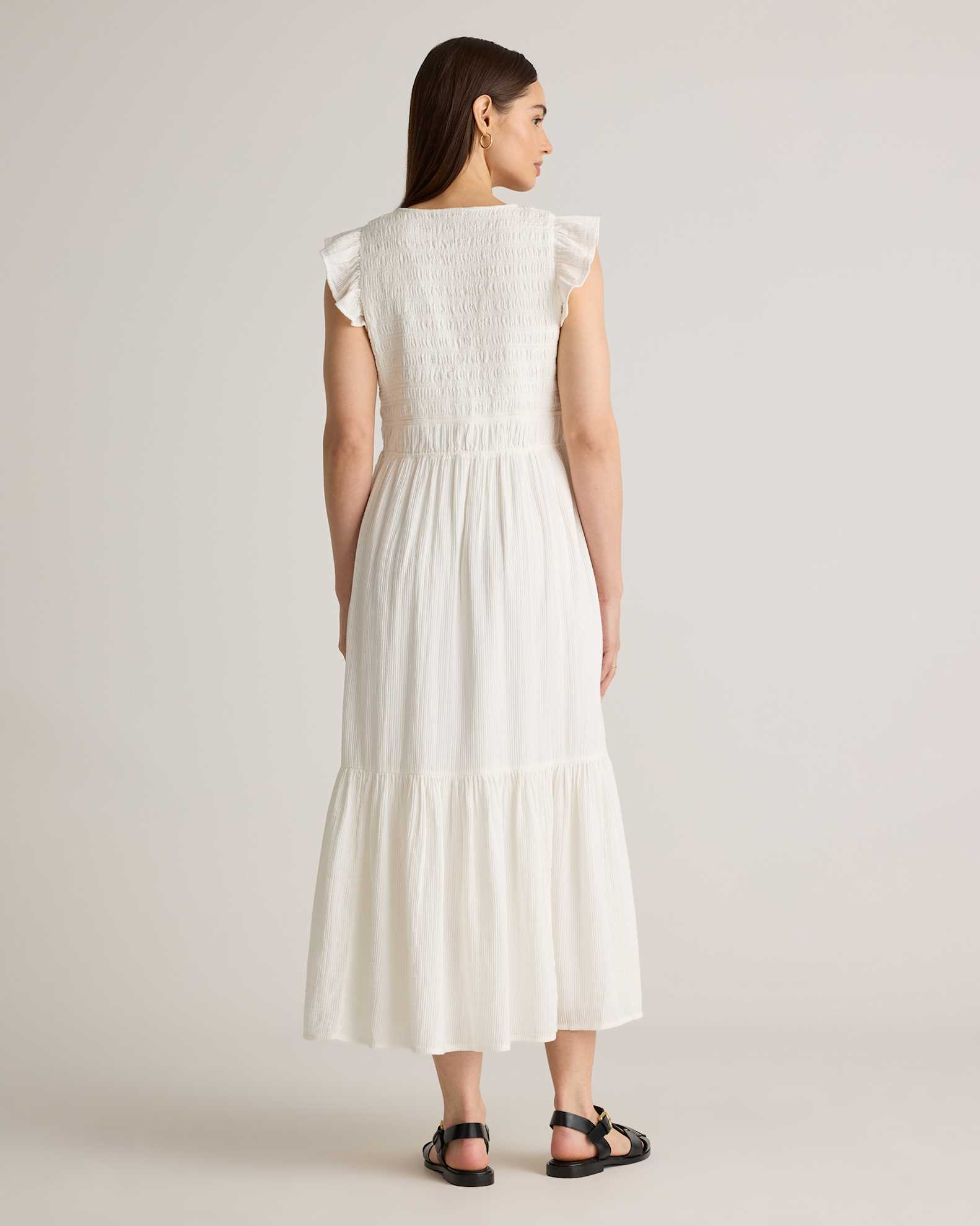 Quince Women's Organic Textured Cotton Smocked V-Neck Midi Dress, White, Size Small - Luxurious, Comfortable & Flattering Fit Quince Women's Organic Textured Cotton Smocked V-Neck Midi Dress, White, Size Small - Luxurious, Comfortable & Flattering Fit