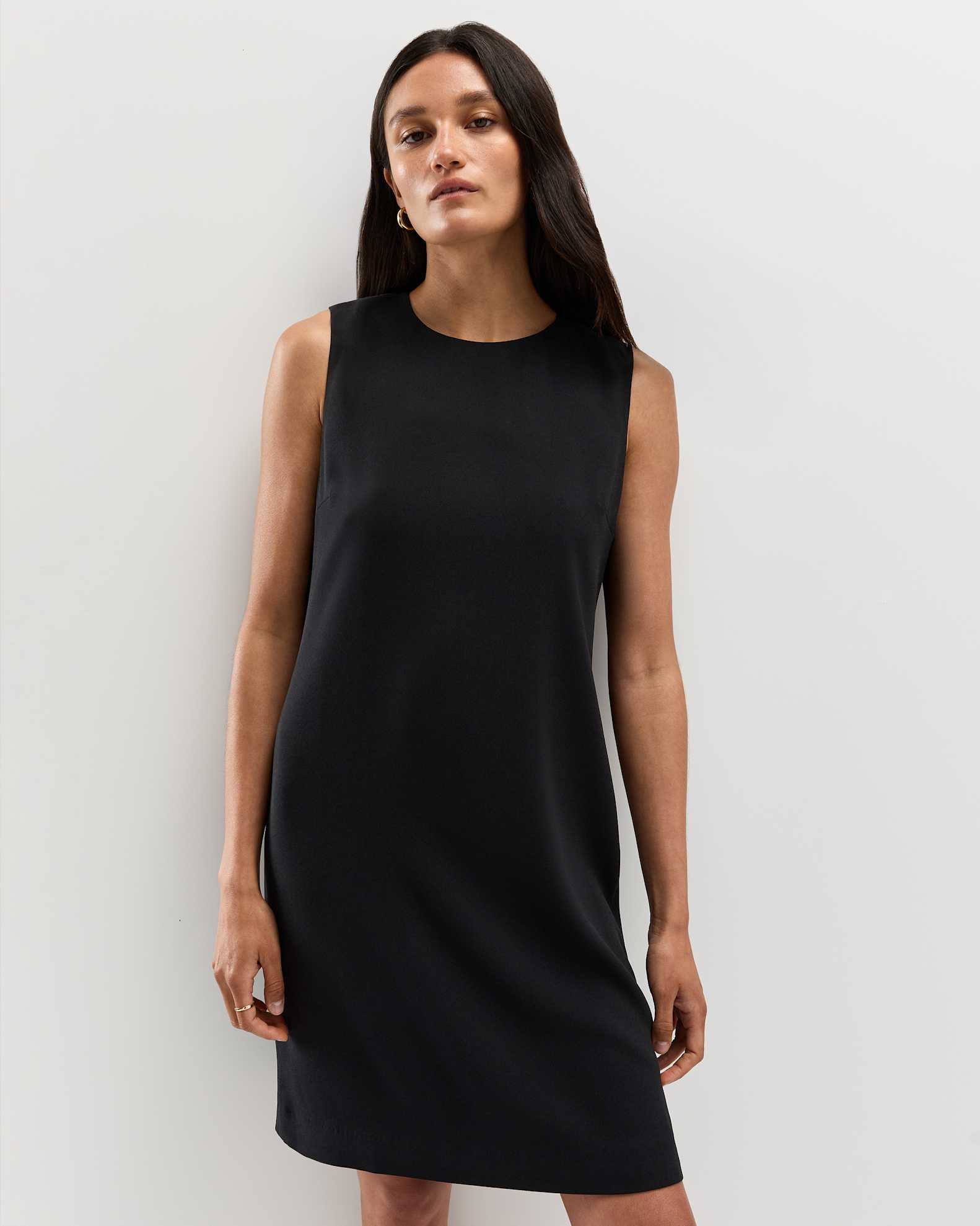Women's Fluid Crepe Sleeveless Shift Dress in Black, Size XL, Polyester by Quince Women's Fluid Crepe Sleeveless Shift Dress in Black, Size XL, Polyester by Quince