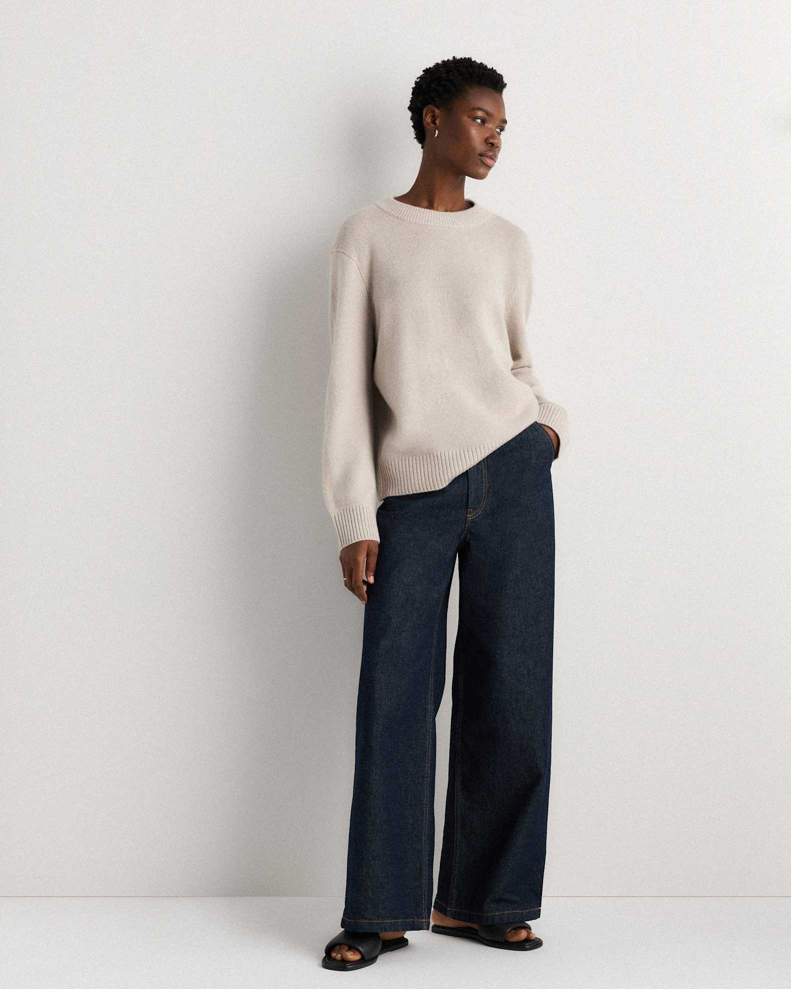 Mongolian Cashmere Oversized Crewneck Sweater in Heather Cloud Beige