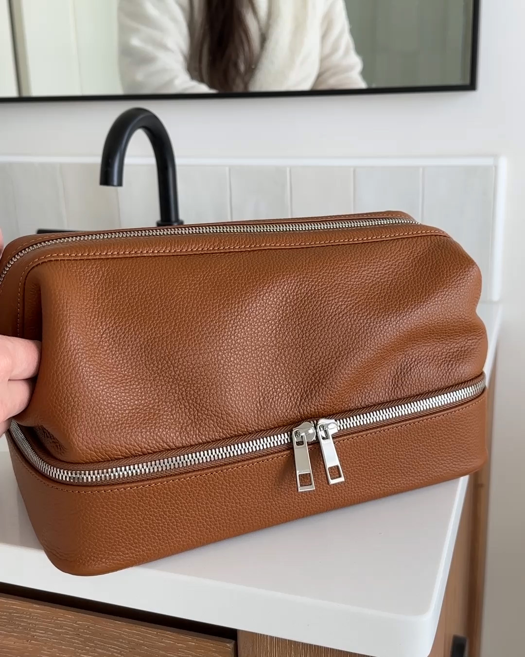 Italian Leather Dual Compartment Toiletry Bag - PDP Video Thumbnail (Cognac, 4x5)
