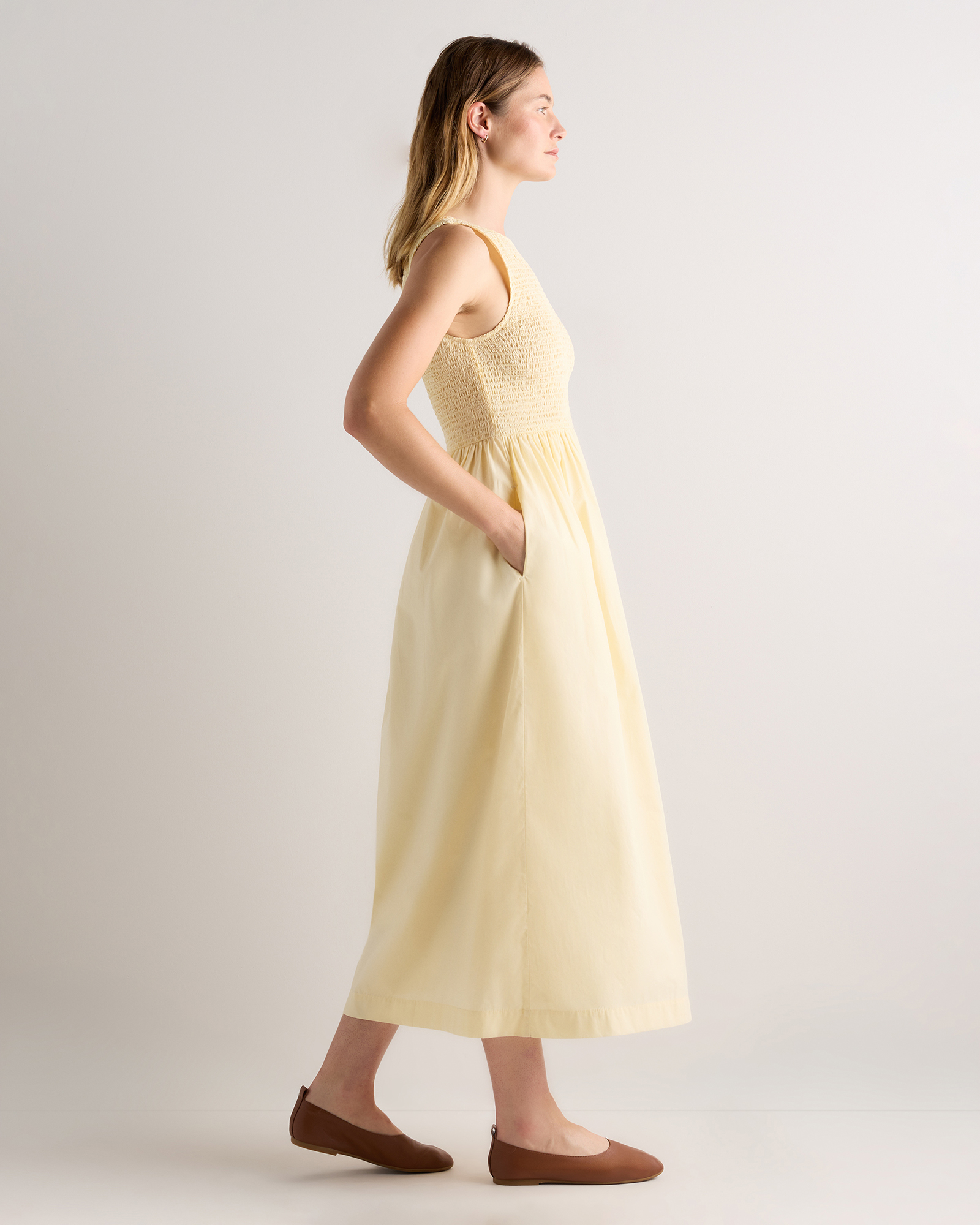 100% Organic Cotton Poplin Boat Neck Maxi Dress in Pale Custard Yellow