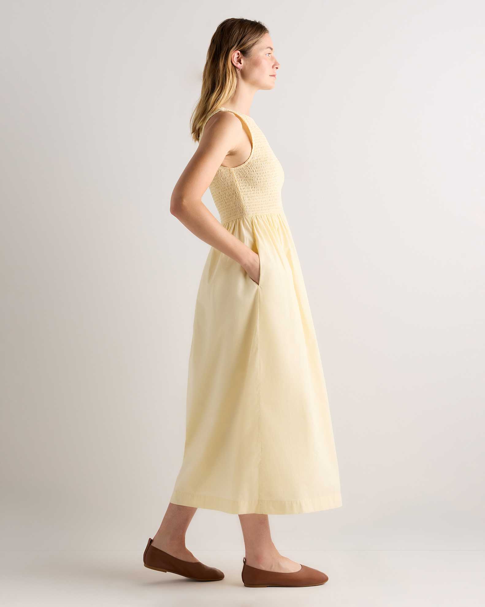 100% Organic Cotton Poplin Boat Neck Maxi Dress in Pale Custard Yellow 100% Organic Cotton Poplin Boat Neck Maxi Dress in Pale Custard Yellow