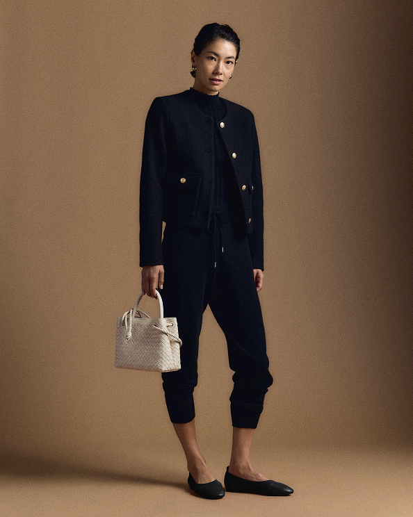 Black 100% Merino Wool Collarless Cropped Jacket