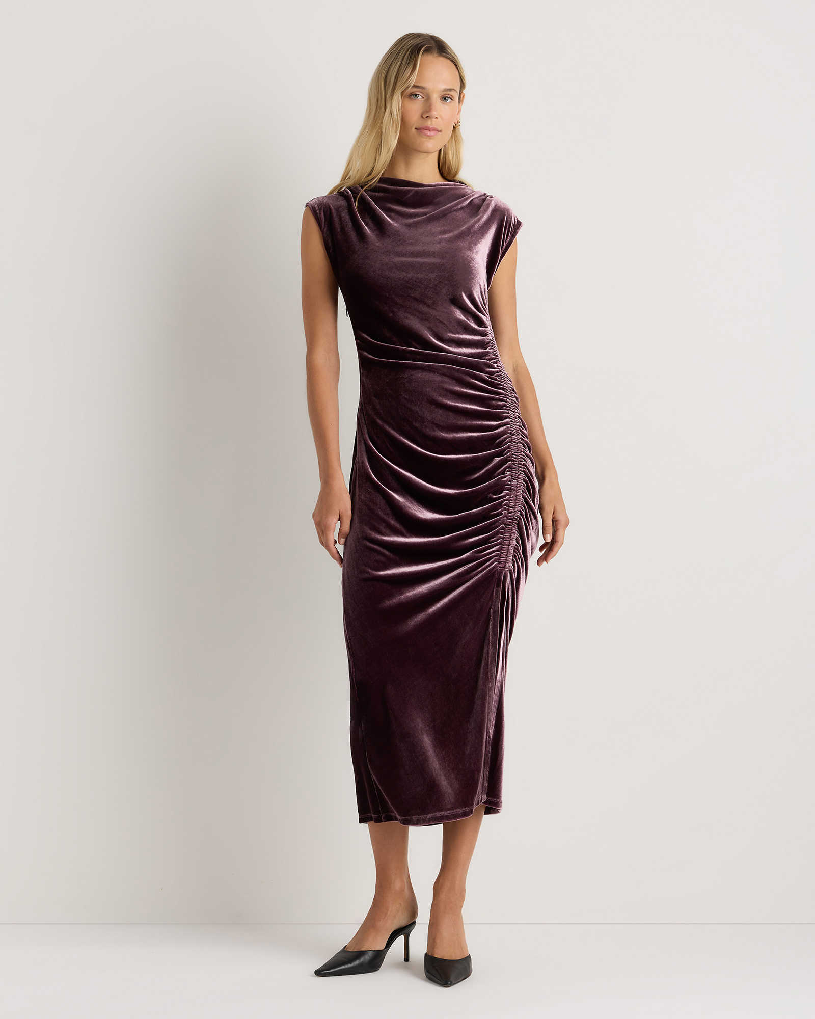 Wine Tasting Red Stretch Silk Velvet Ruched Midi Dress