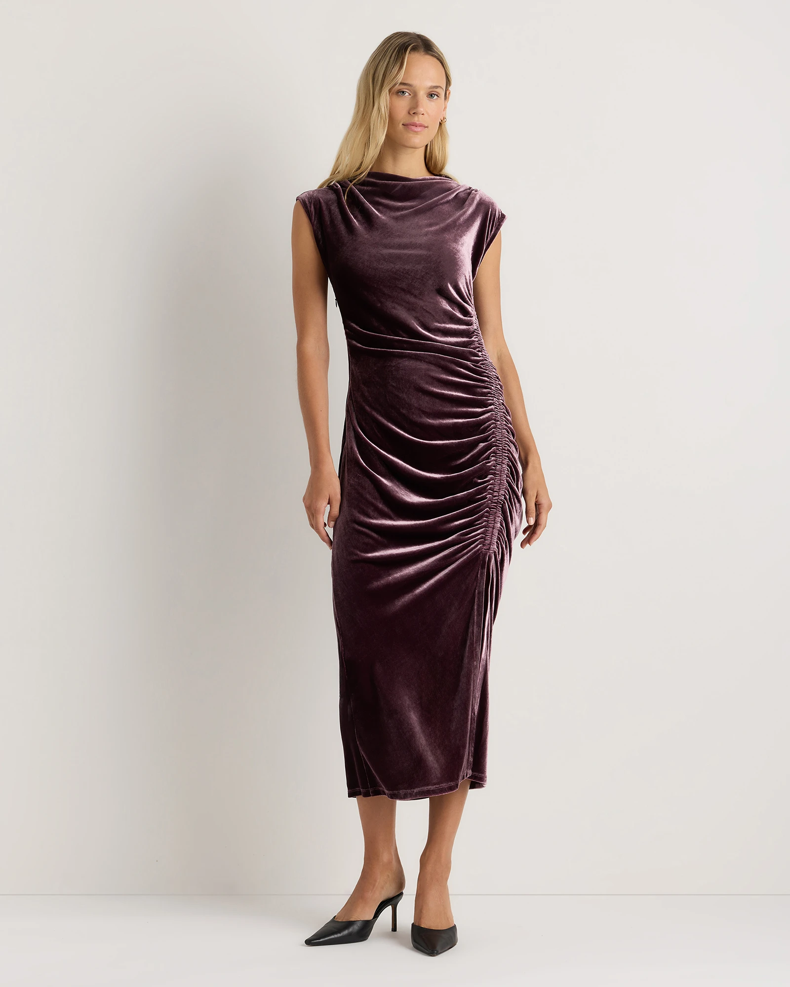 silk ruched dress Larissa Satin Maxi Dress With Ruched Petals