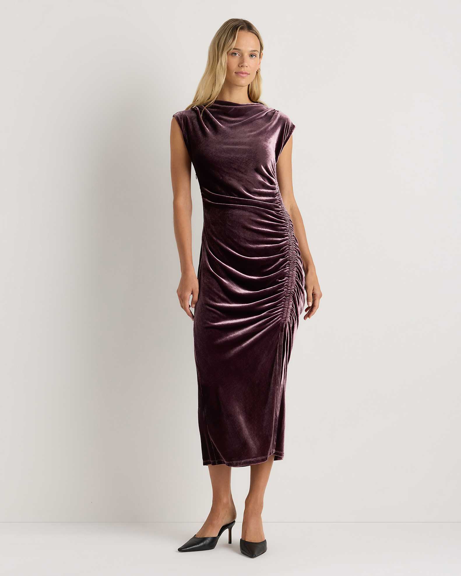 silk ruched midi dress Dull Satin Off The Shoulder Ruched Midi Dress