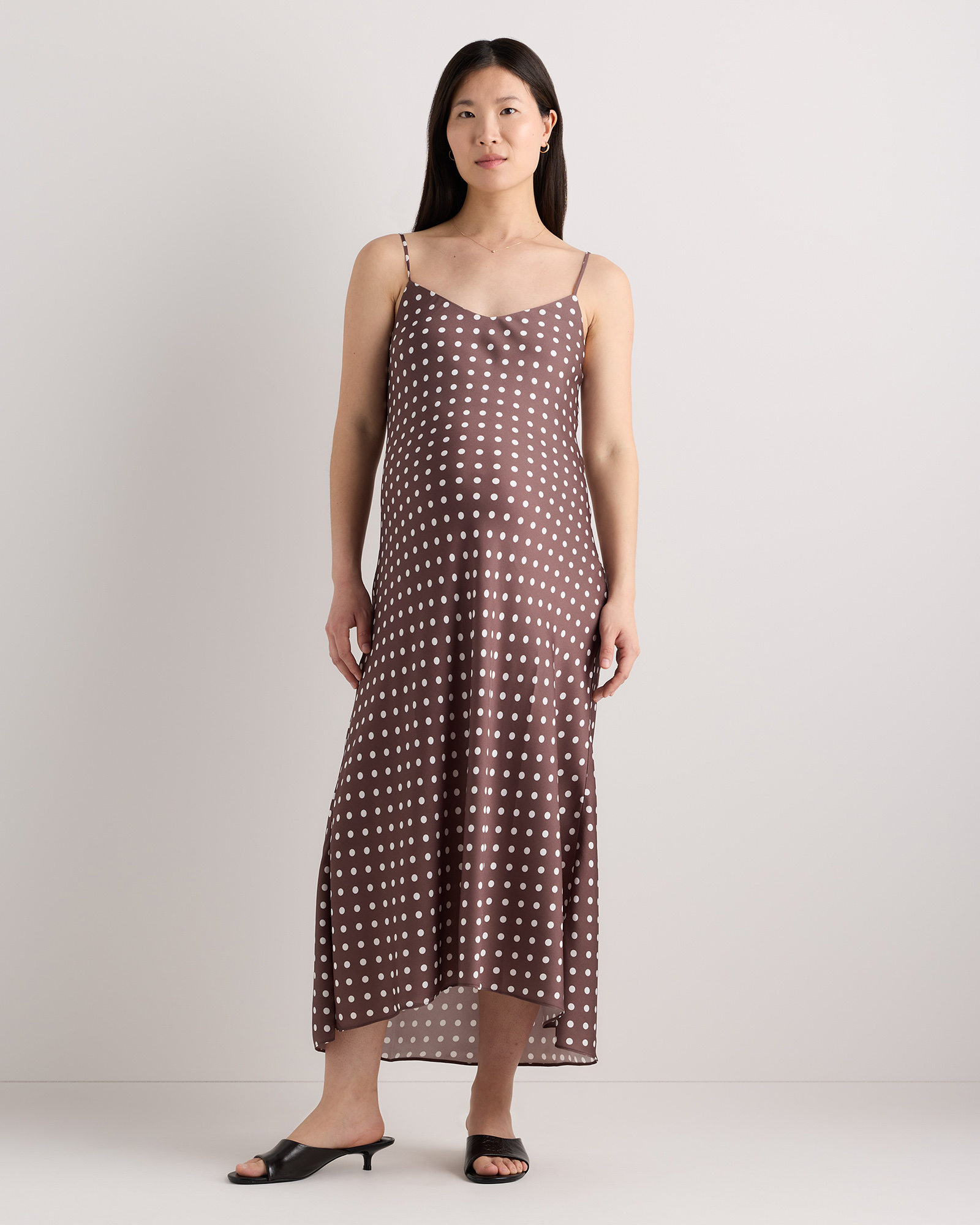 Mocha Midi Dot Washable Stretch Silk Maternity Slip Dress