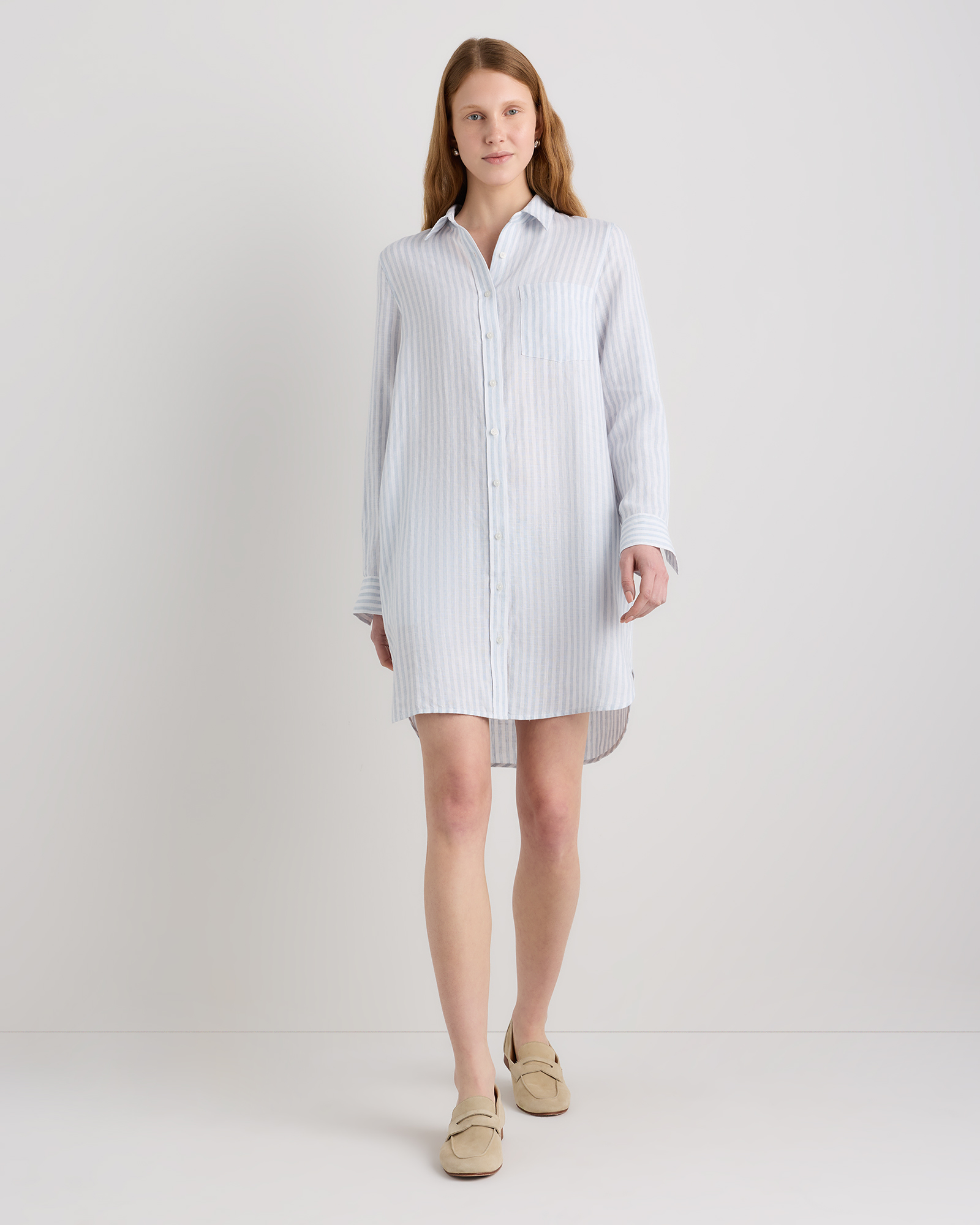 Sky Blue Mariner Stripe 100% European Linen Shirt Dress