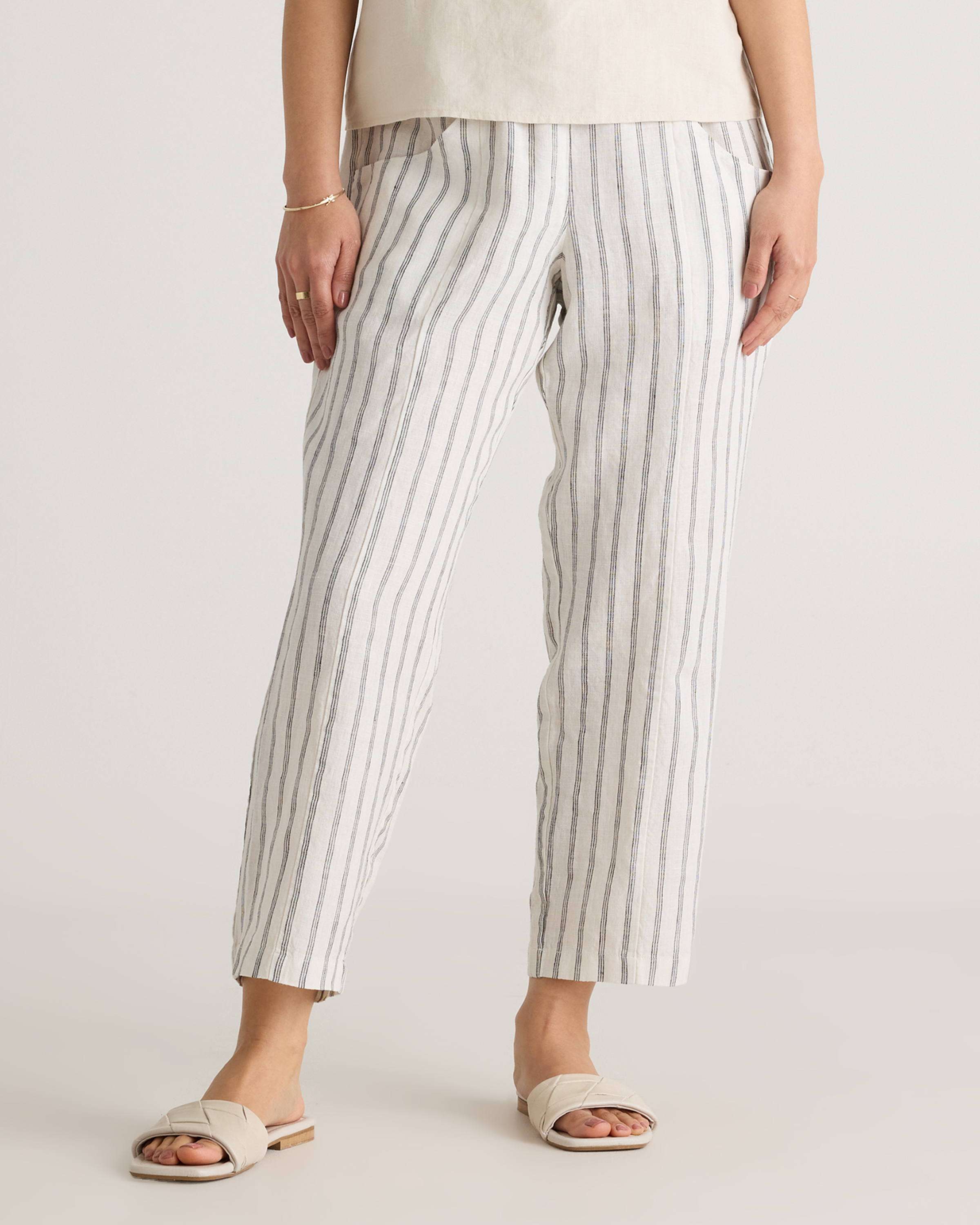 Oatmeal / Black Stripe 100% European Linen Tapered Ankle Pants
