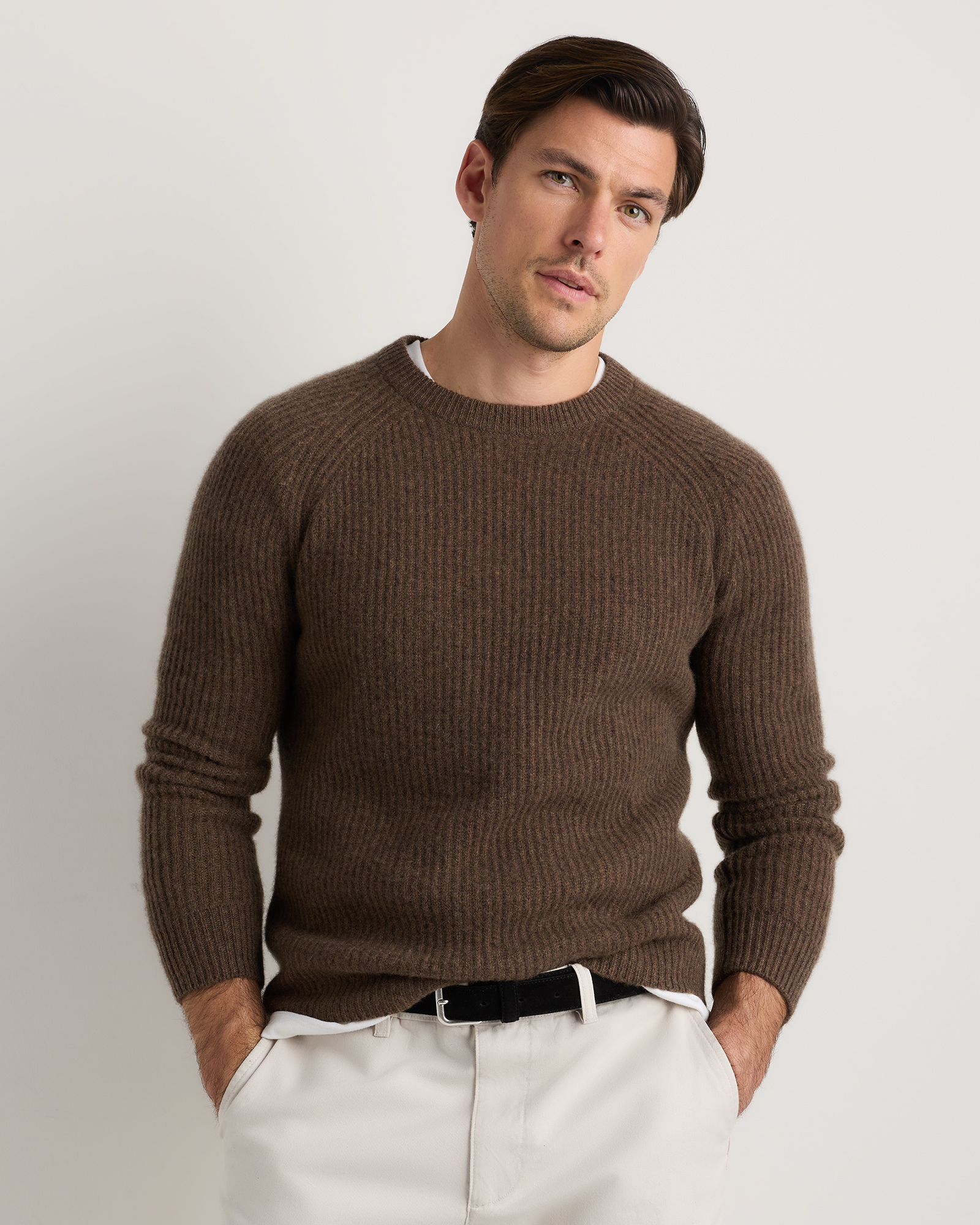 Brown Mongolian Cashmere Fisherman Crewneck Sweater