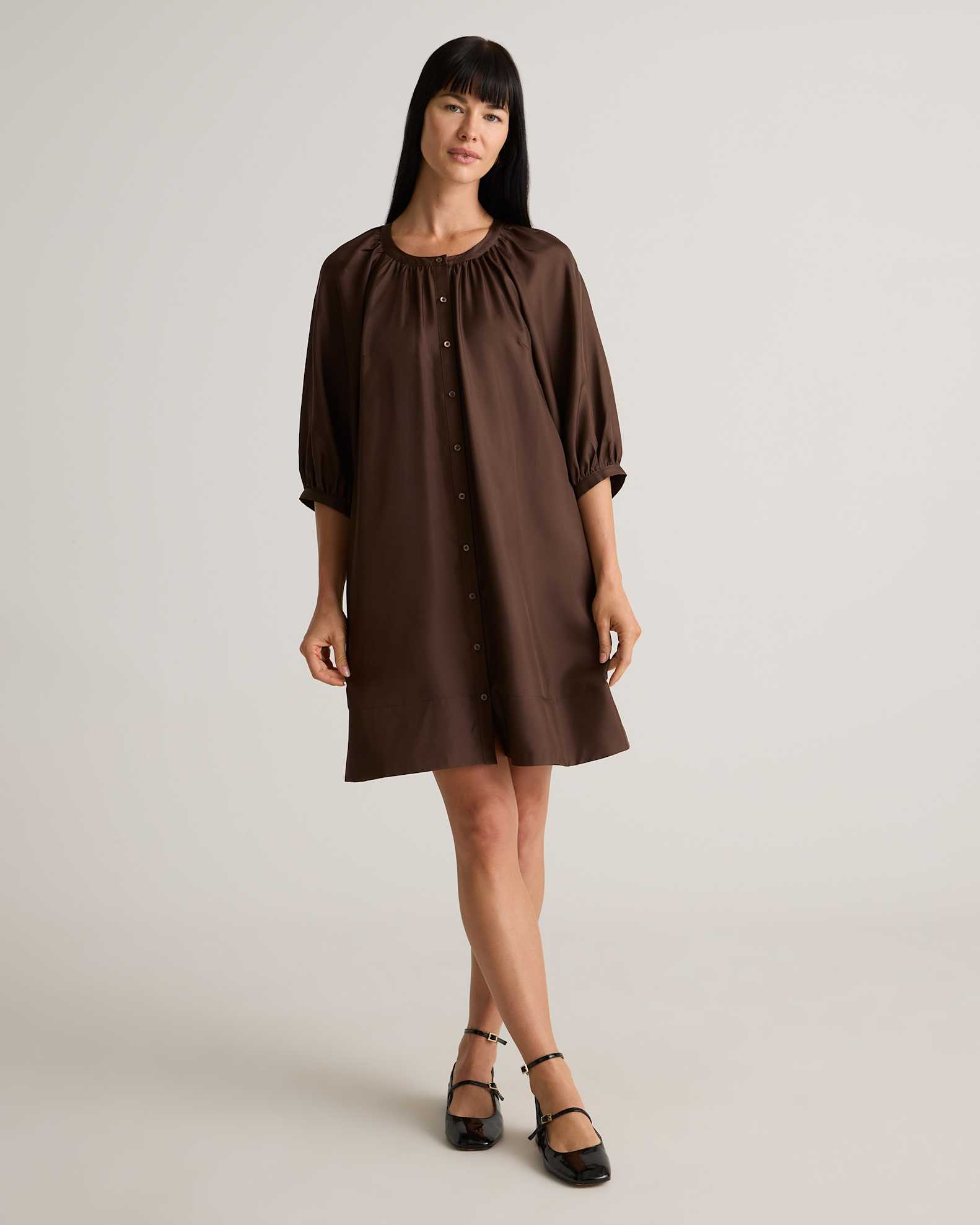 100% Silk Twill Button Front Mini Dress in Hot Fudge 100% Silk Twill Button Front Mini Dress in Hot Fudge