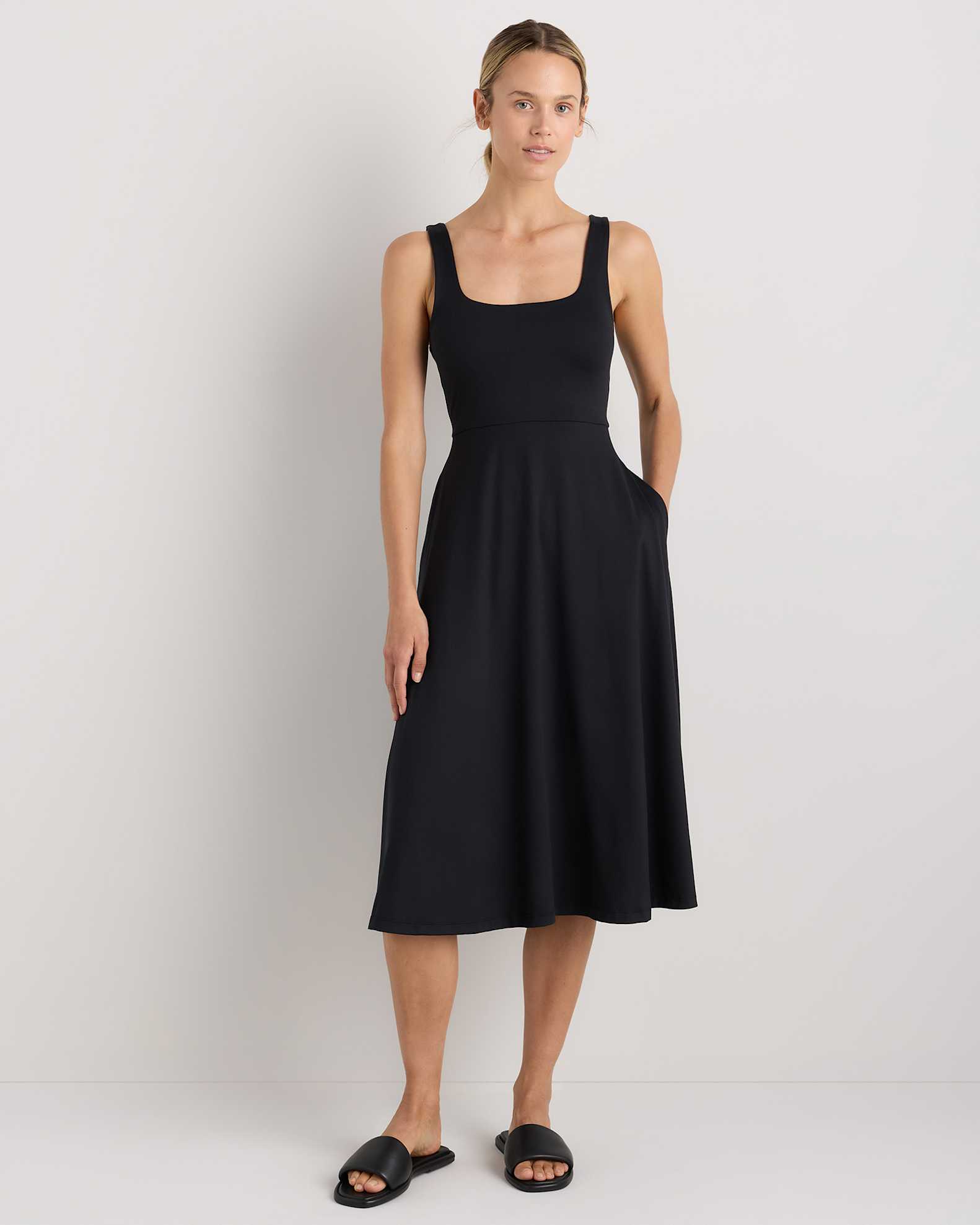 Women's Flowknit Breeze Fit & Flare Dress in True Black, Size Small, 100% Polyester by Quince Women's Flowknit Breeze Fit & Flare Dress in True Black, Size Small, 100% Polyester by Quince