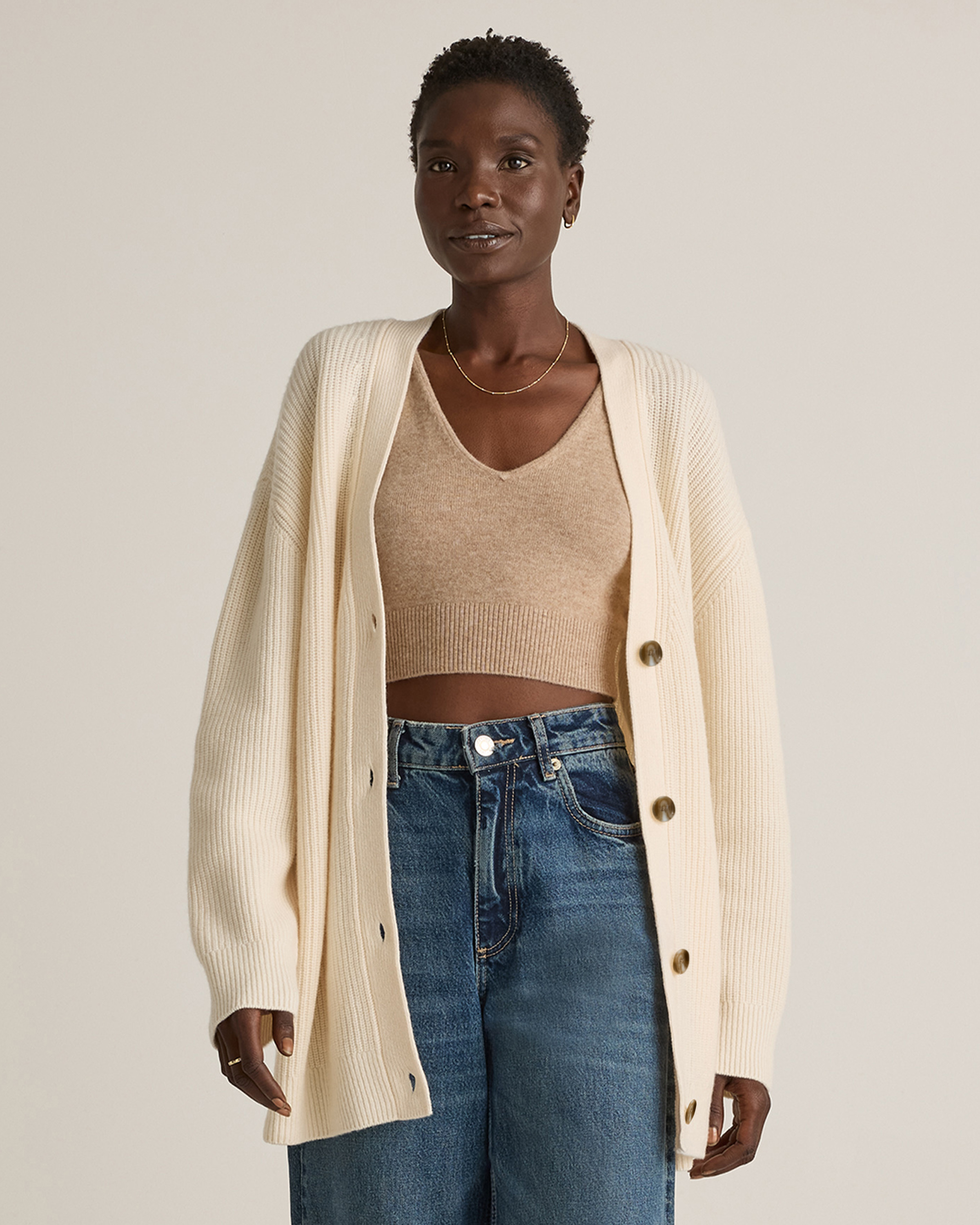 Mongolian Cashmere Oversized Boyfriend Cardigan Sweater in Ivory