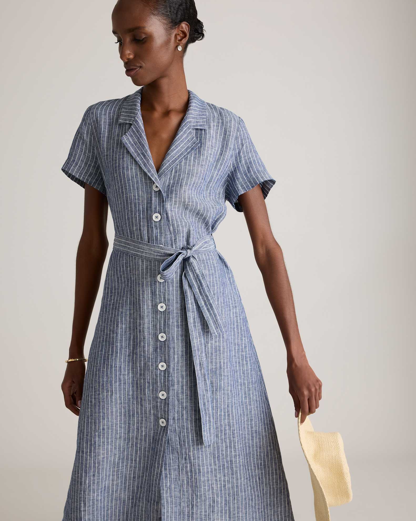 Button Down Striped Linen Button Dress Linen Short Sleeve Striped Button-Down Dress Button Down Striped Linen Button Dress Linen Short Sleeve Striped Button-Down Dress