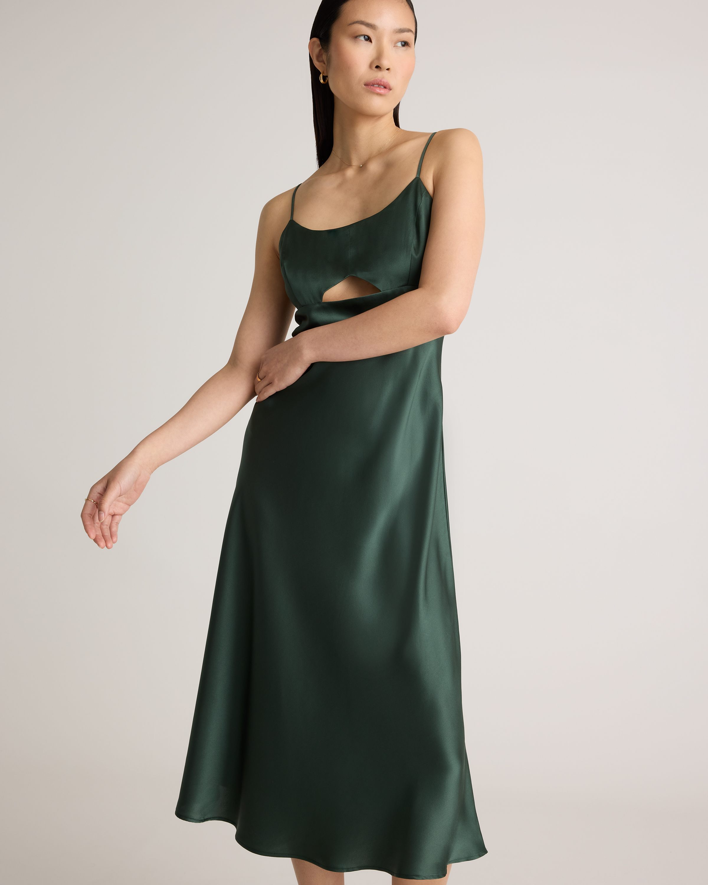 Quince Women's Cutout Midi Slip Dress, Large, Forest Green, 100% Washable Mulberry Silk, Skin-Nourishing & Thermoregulating