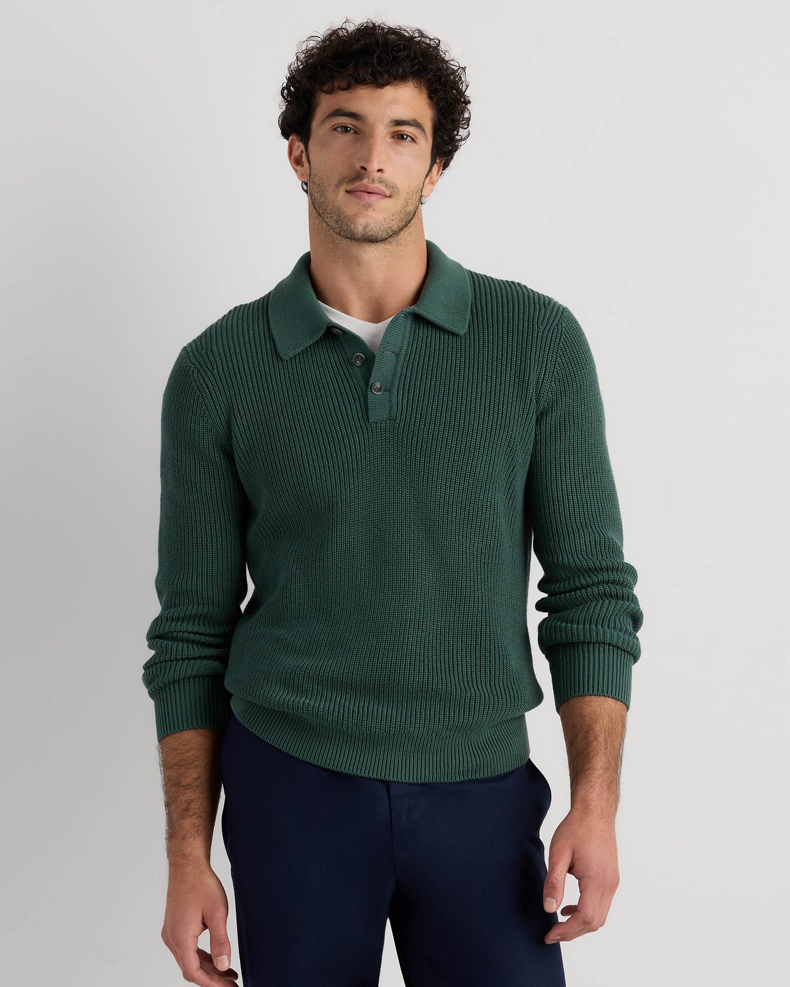 Big Sur Green 100% Organic Cotton Ribbed Polo Sweater