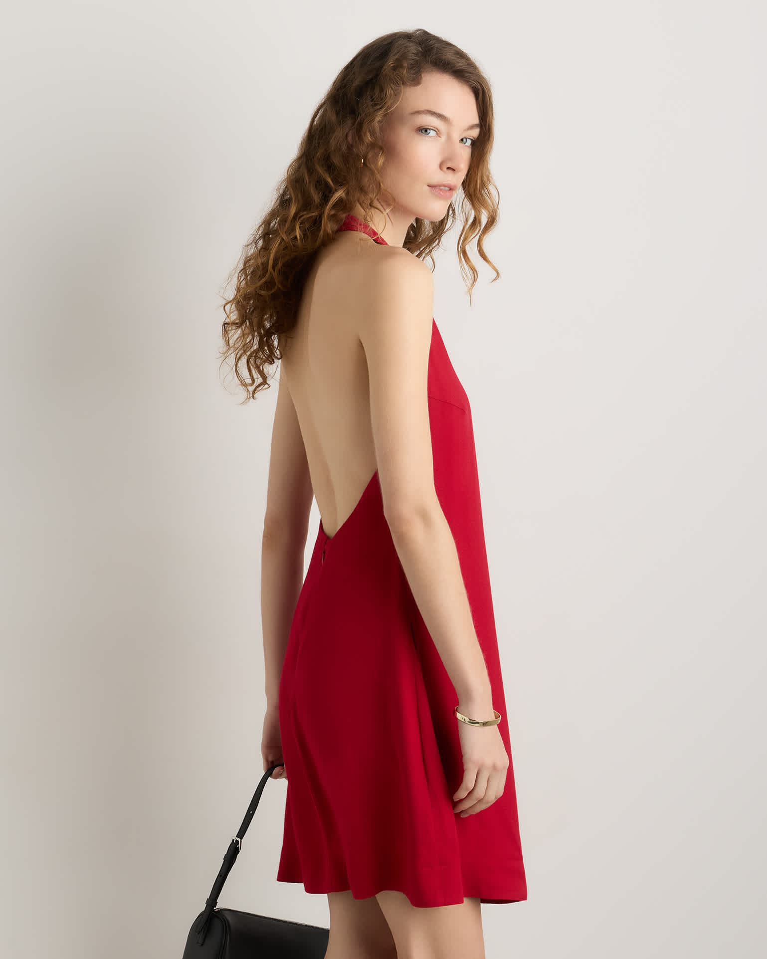 Women's Lightweight Crepe Halter Mini Dress in Ruby Red, Size Large, Viscose by Quince Women's Lightweight Crepe Halter Mini Dress in Ruby Red, Size Large, Viscose by Quince
