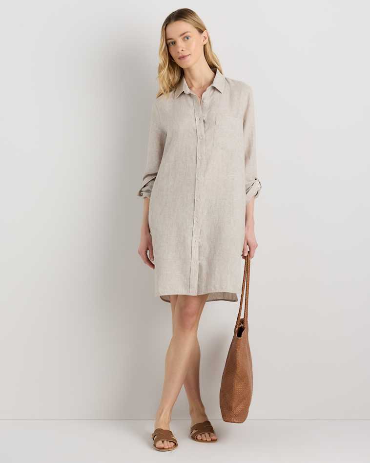 Women's 100% European Linen Button Front Dress in Chambray Stripe, Size Medium by Quince Women's 100% European Linen Button Front Dress in Chambray Stripe, Size Medium by Quince