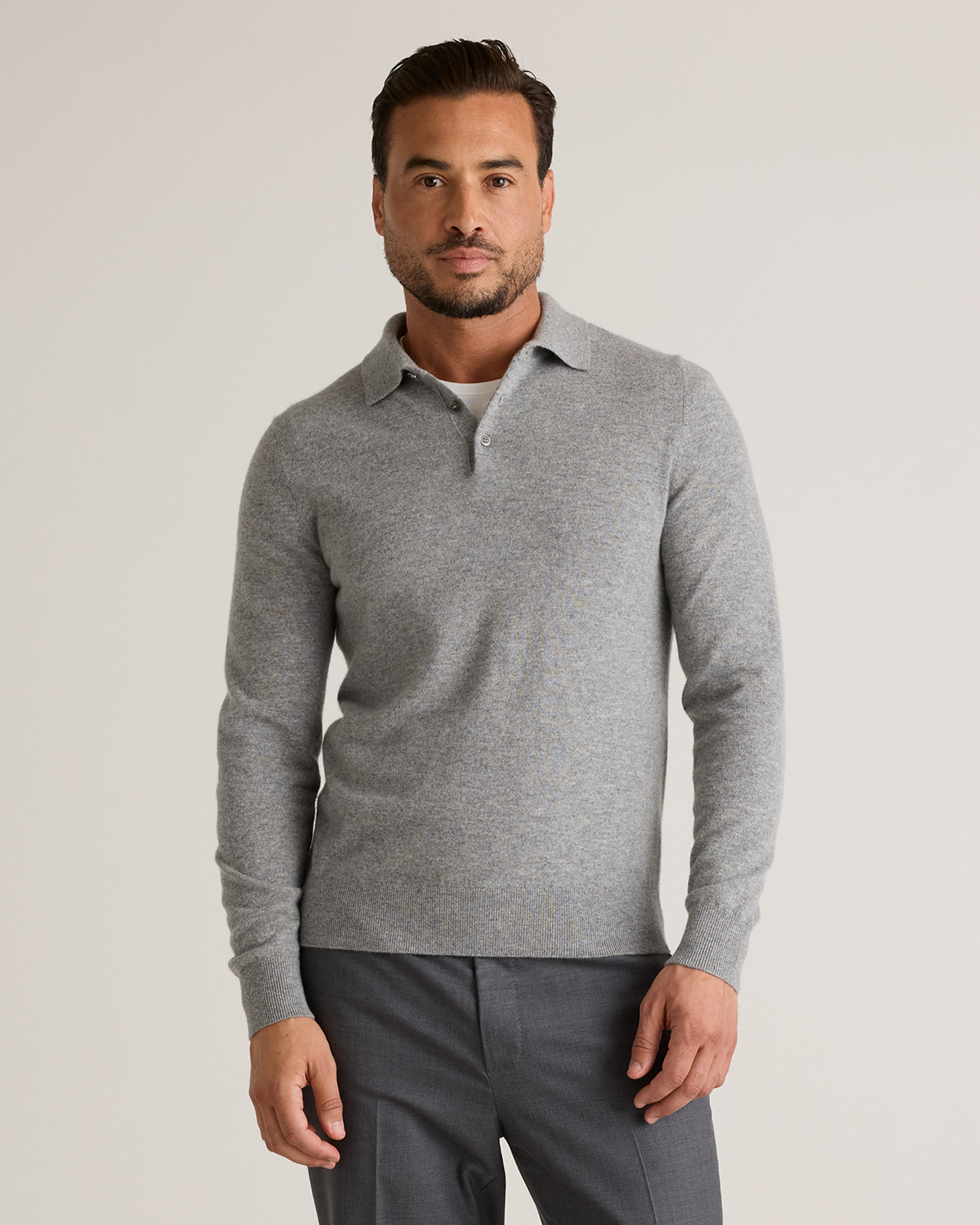 Heather Grey Mongolian Cashmere Polo Sweater