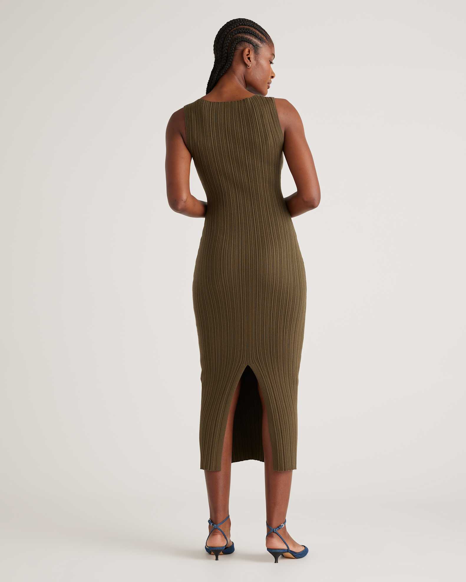Cotton Cashmere Ribbed Sleeveless Midi Dress in Olive Cotton Cashmere Ribbed Sleeveless Midi Dress in Olive