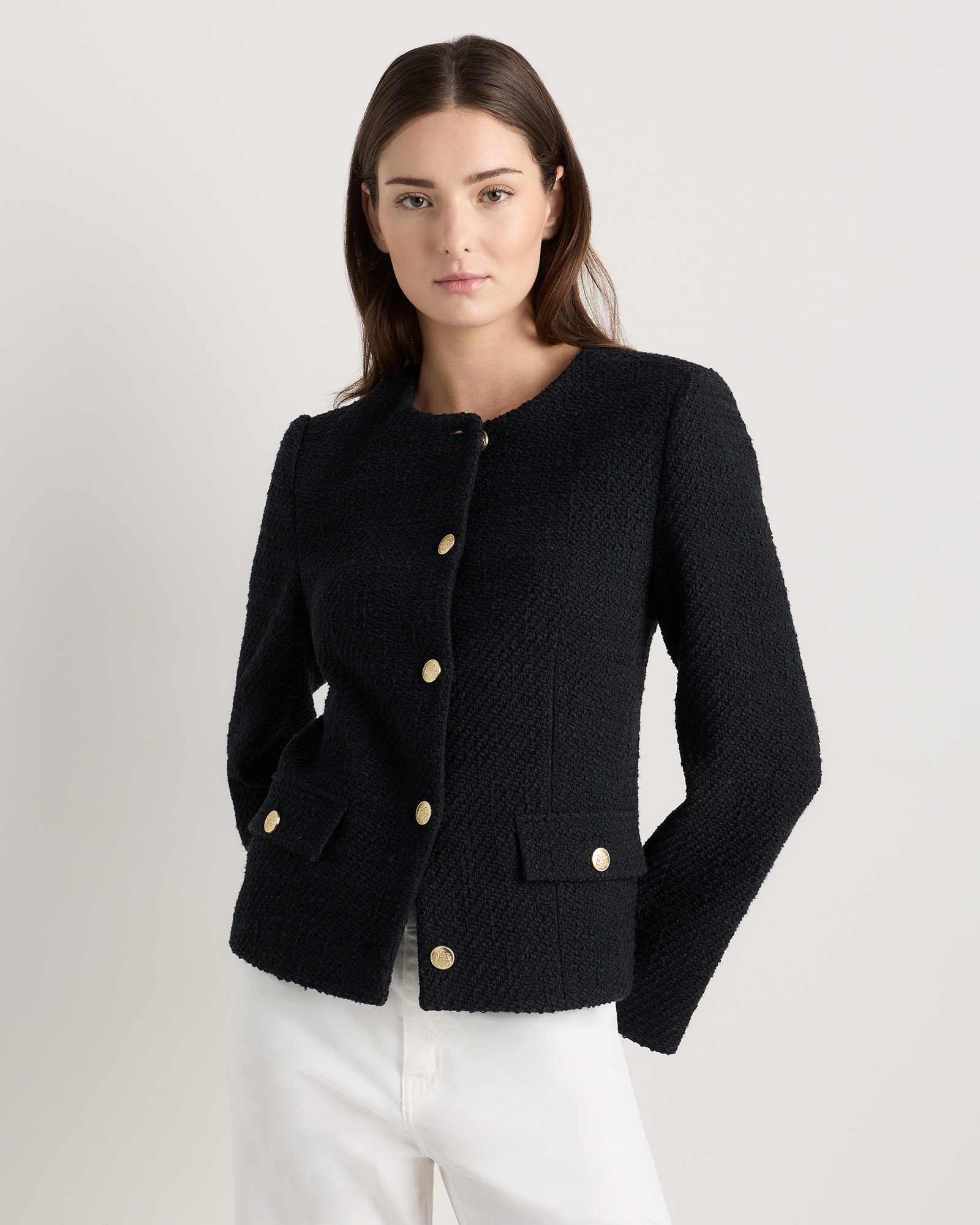 True Black Tweed Collarless Jacket