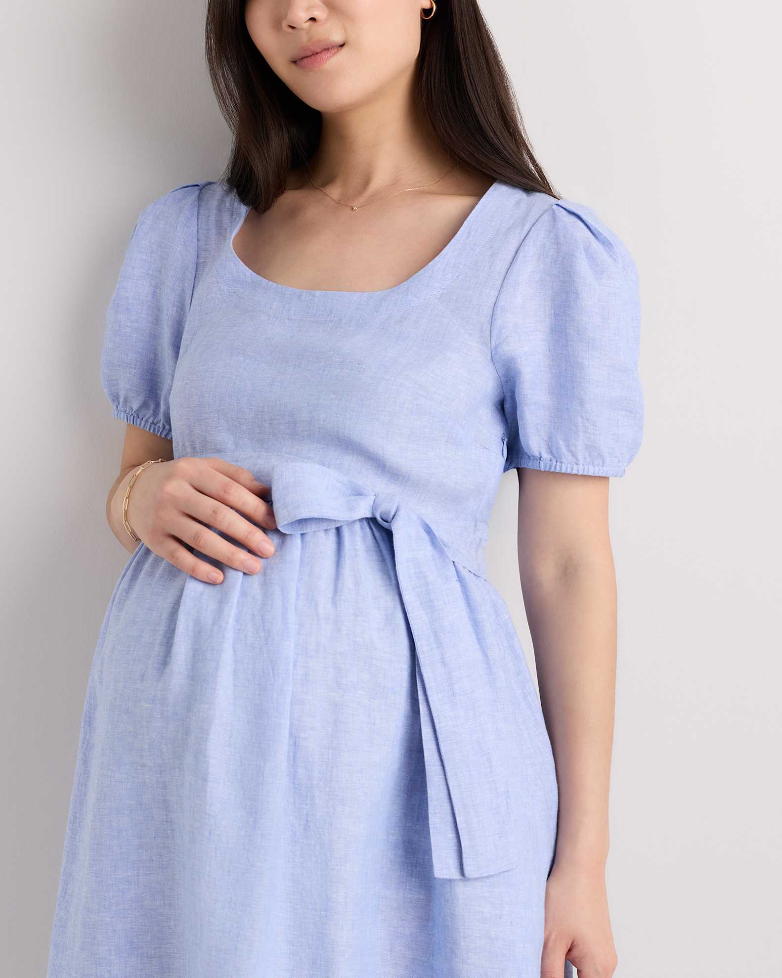 100% European Linen Maternity Short Sleeve Midi Dress in French Blue 100% European Linen Maternity Short Sleeve Midi Dress in French Blue