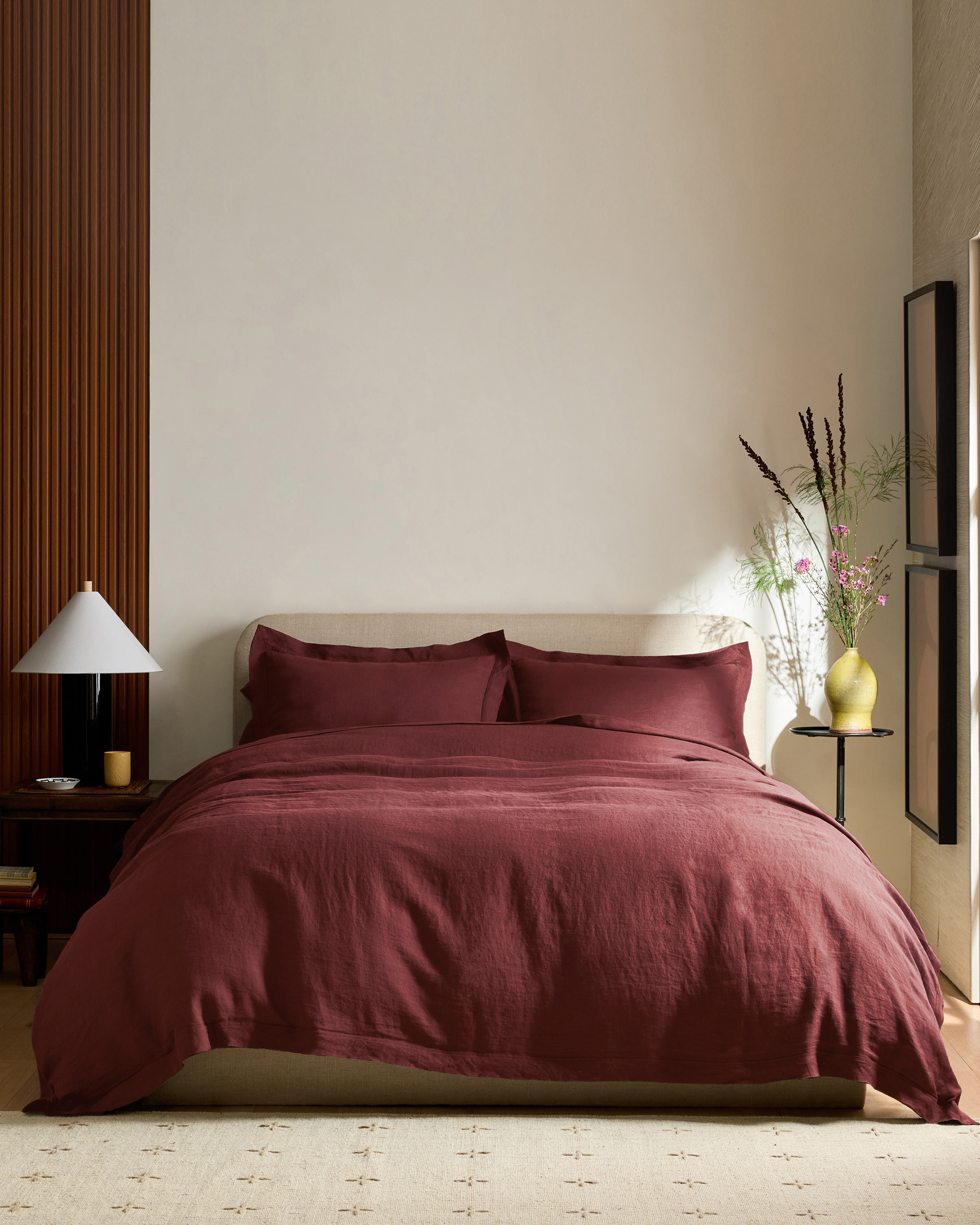 Burgundy European Linen Double Flange Duvet Cover Set