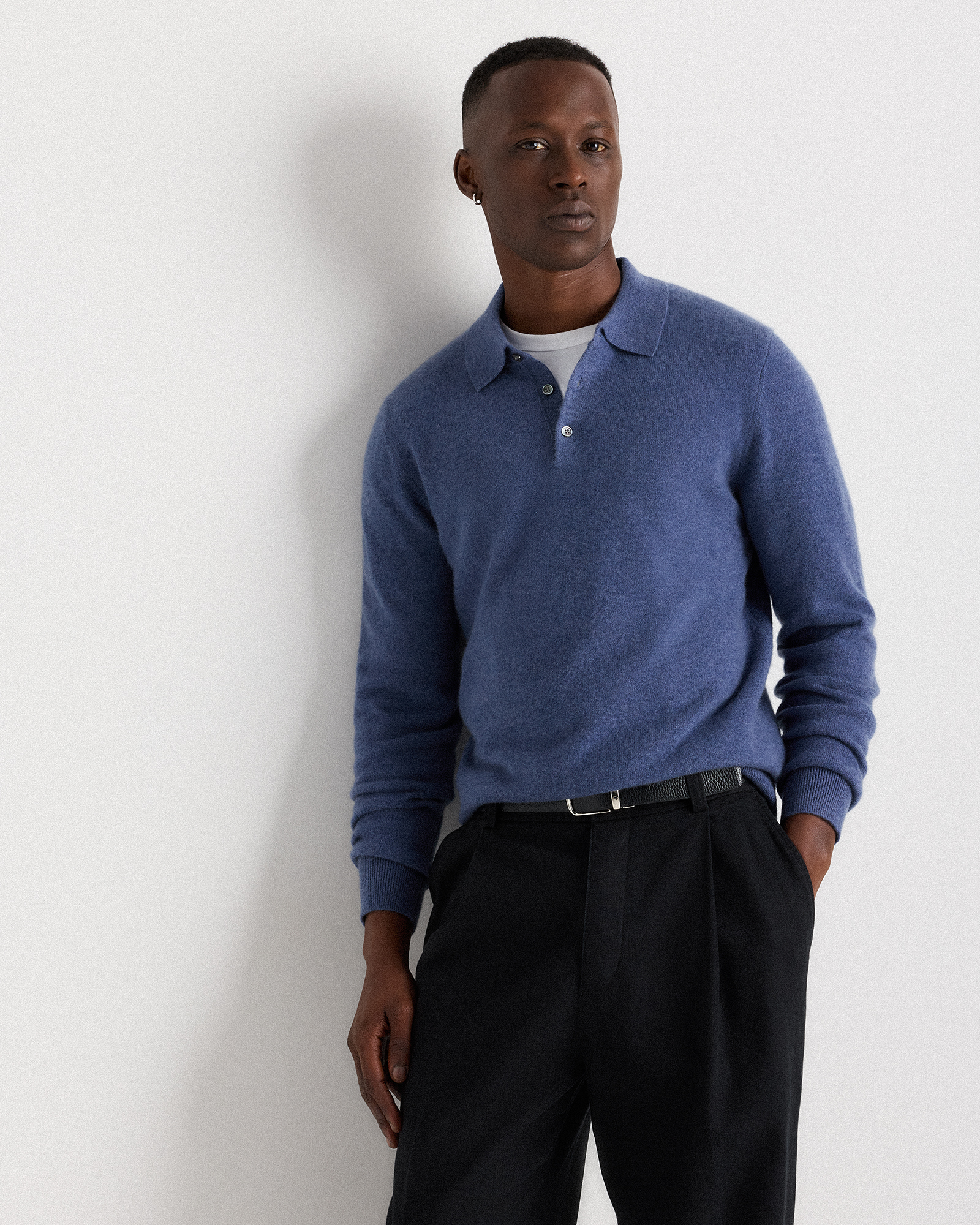 Mongolian Cashmere Polo Sweater in Heather Storm Blue