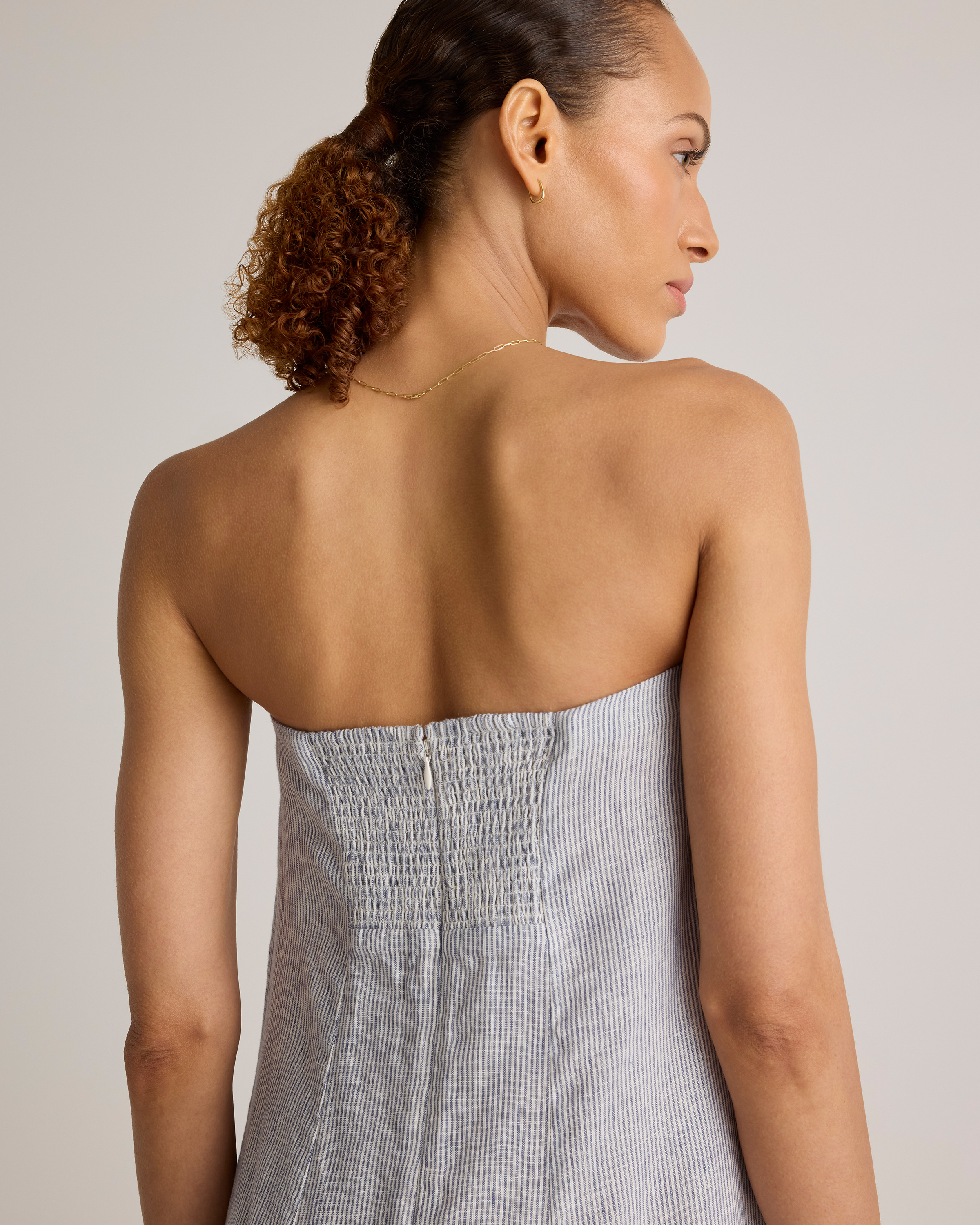 100% European Linen Strapless Maxi Dress in Blue Pinstripe