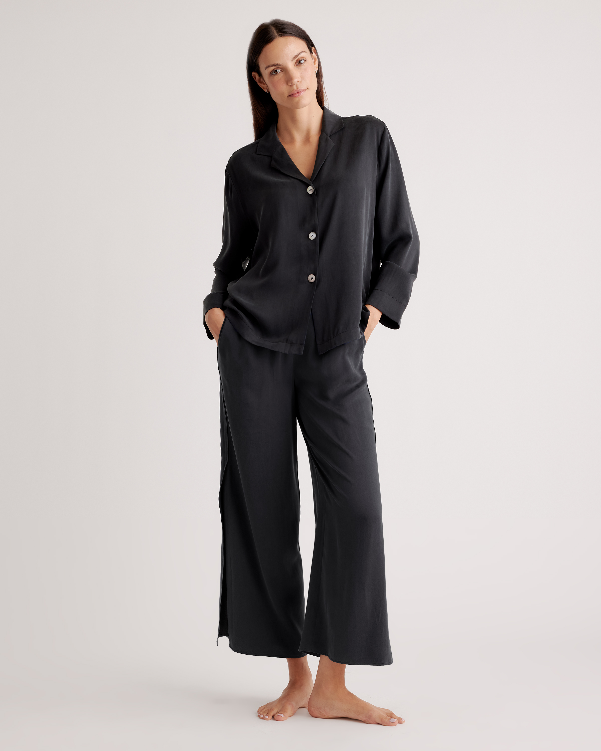 100% Washable Silk Pajama Long Sleeve Top in Black
