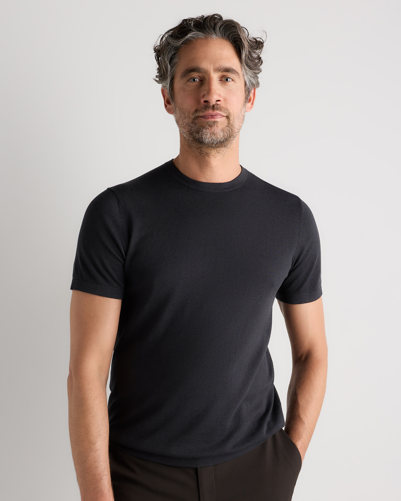 Charcoal Cotton-Silk Short Sleeve Crewneck Sweater