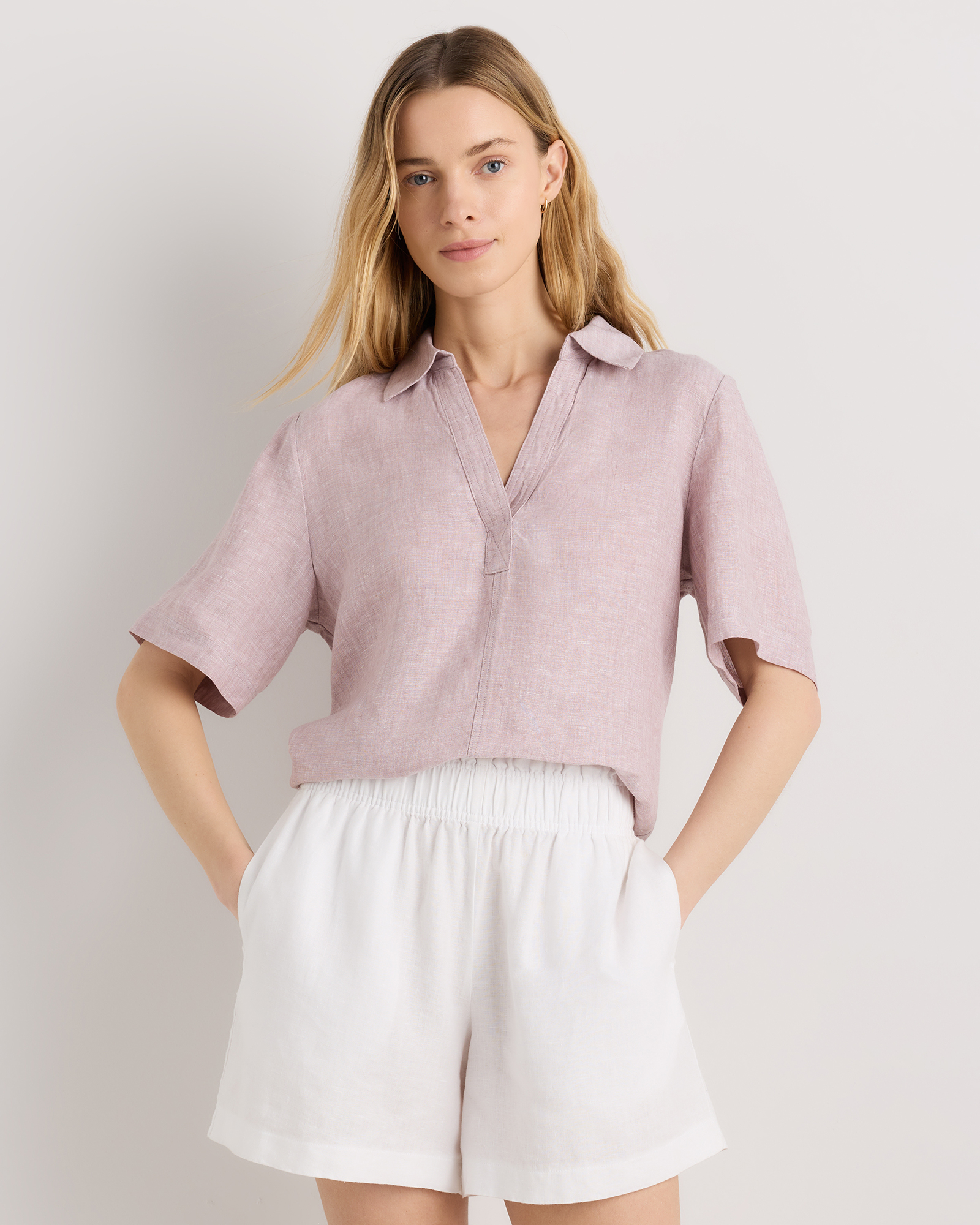 Vintage Pink Chambray 100% European Linen Short Sleeve Popover Top