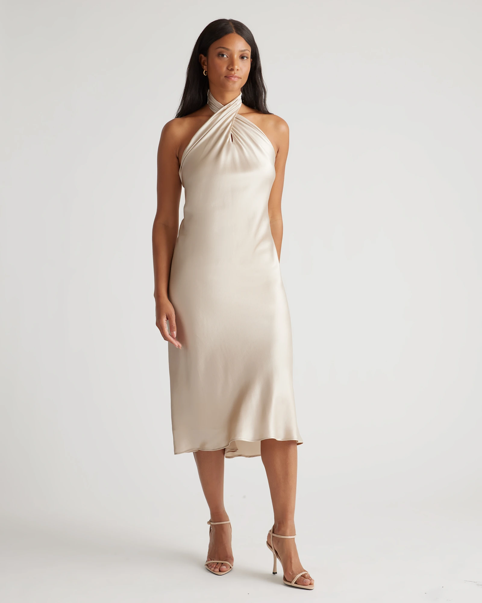 100% Washable Silk Twist Halter Midi Dress